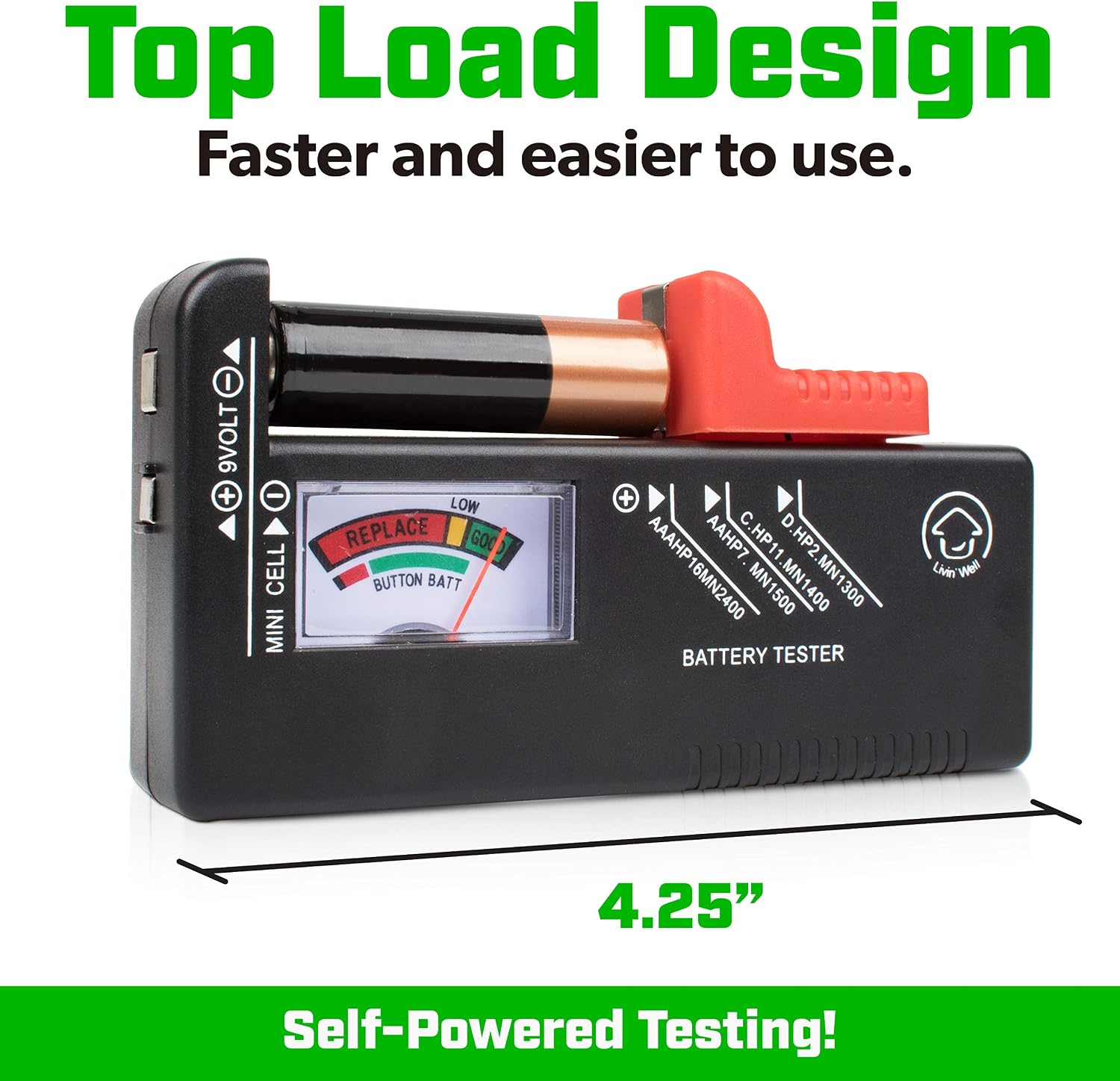 Volt Vault Battery Tester Checker – Universal Battery Tester for AAA, AA, C, D, 9V and Small Batteries, Battery Life Level Testers with Voltage Power Meter