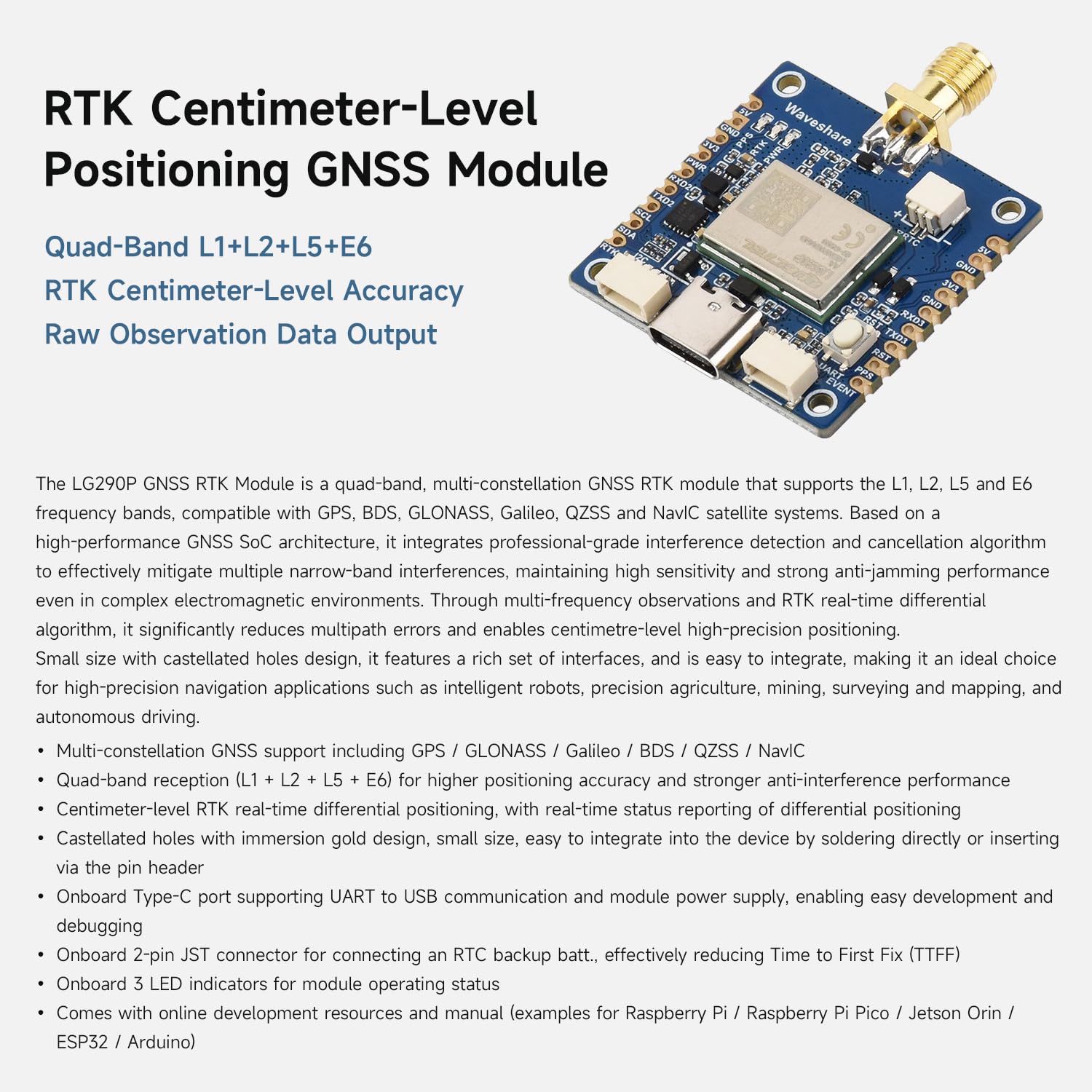 Waveshare LG290P GNSS RTK Module, Quad-Band RTK Centimeter-Level Positioning, L1+L2+L5+E6 Quad-Band Positioning Technology, Supports Multi-Constellation Simultaneous Reception