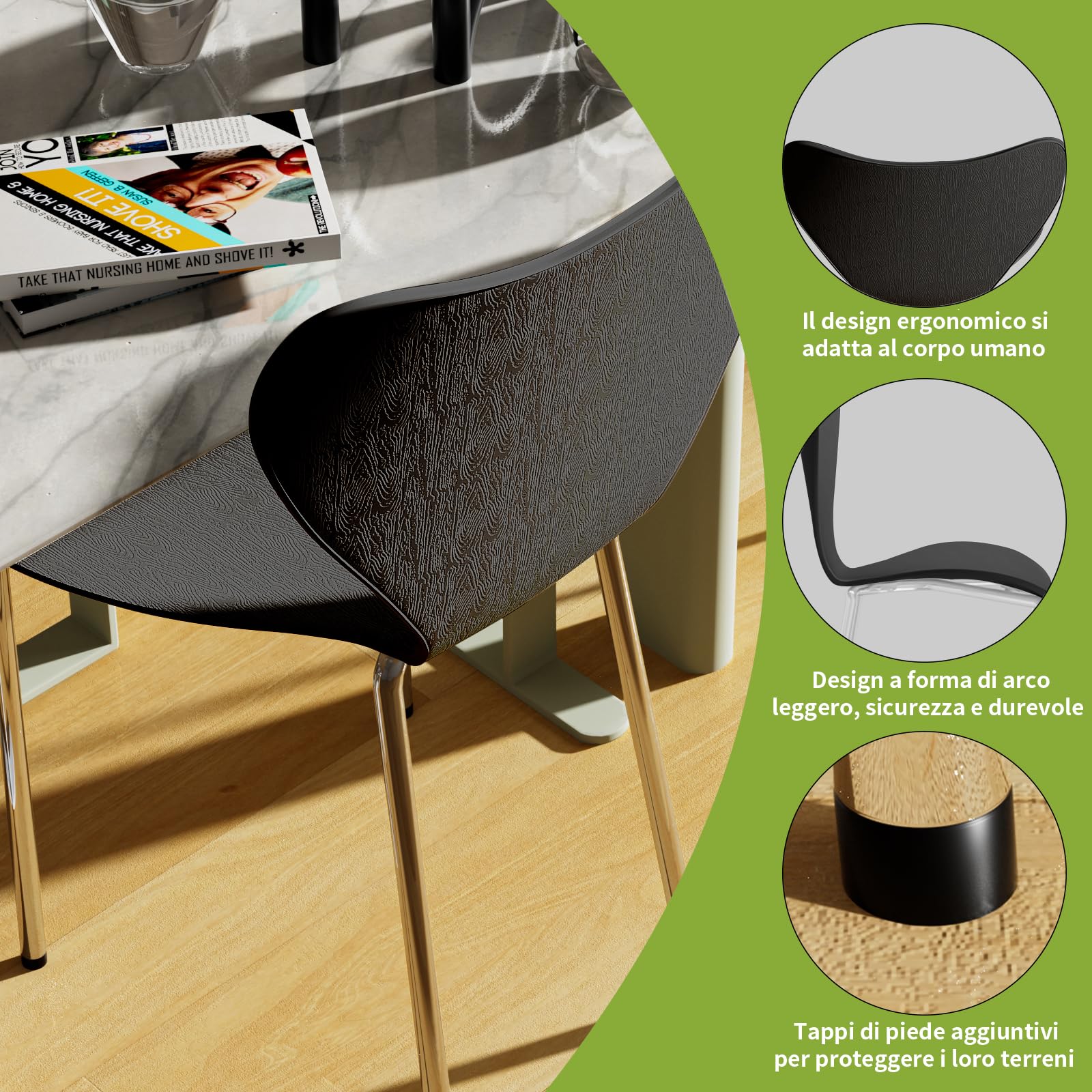 PIPIPOXER Set di 4 Sedie per Sala, sedie plastica, Sedie Cucina in Polipropilene e Robuste Gambe in Metallo, per Sala da Pranzo, Soggiorno, Cucina, Giardino,Nero