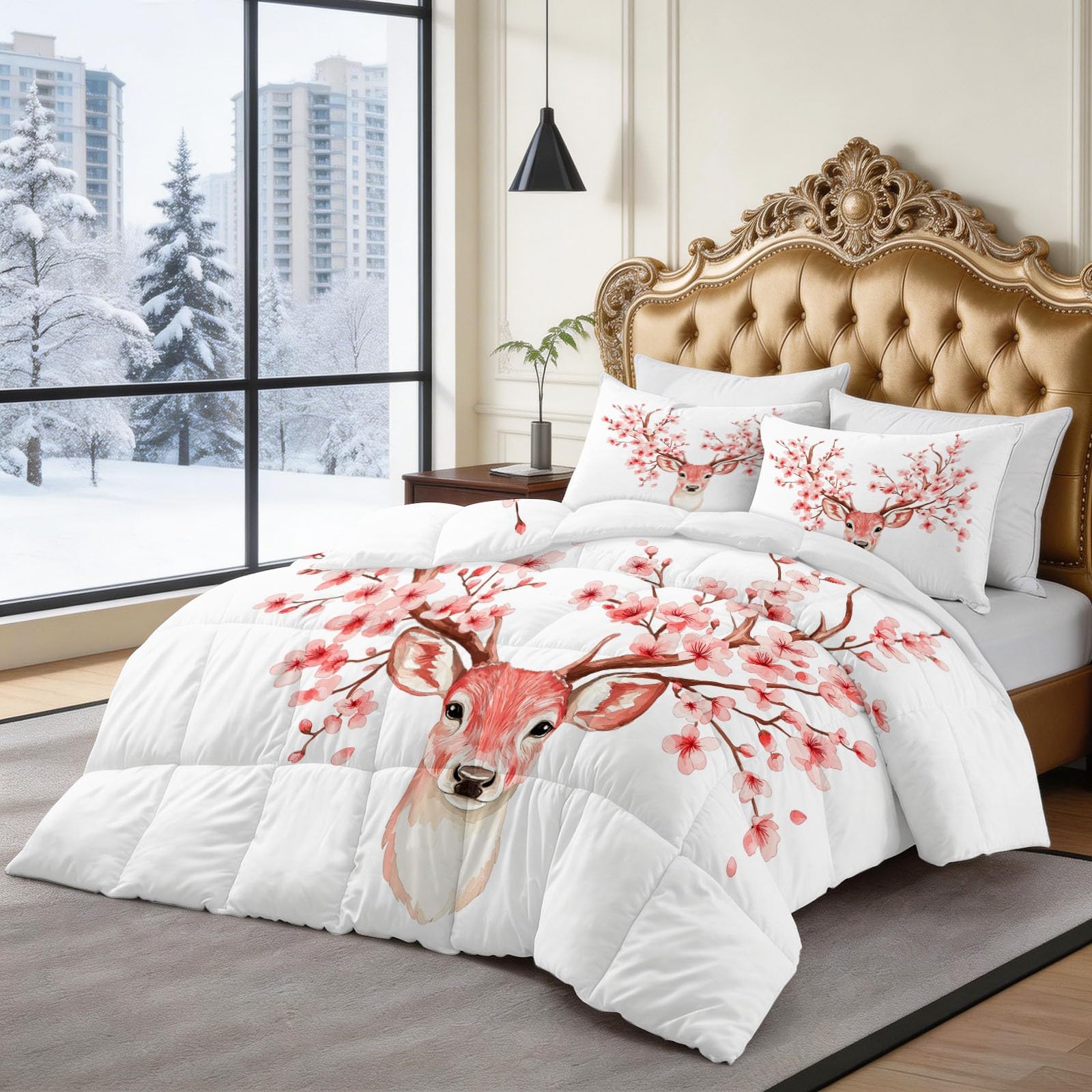 Generico Zimowa kołdra dwuosobowa 240 x 260 cm, zwierzęta, jeleń, kwiaty, kołdra z pianki 400 g/m², ciepła i elegancka, antyalergiczna i oddychająca pościel 3-częściowy zestaw, wzór