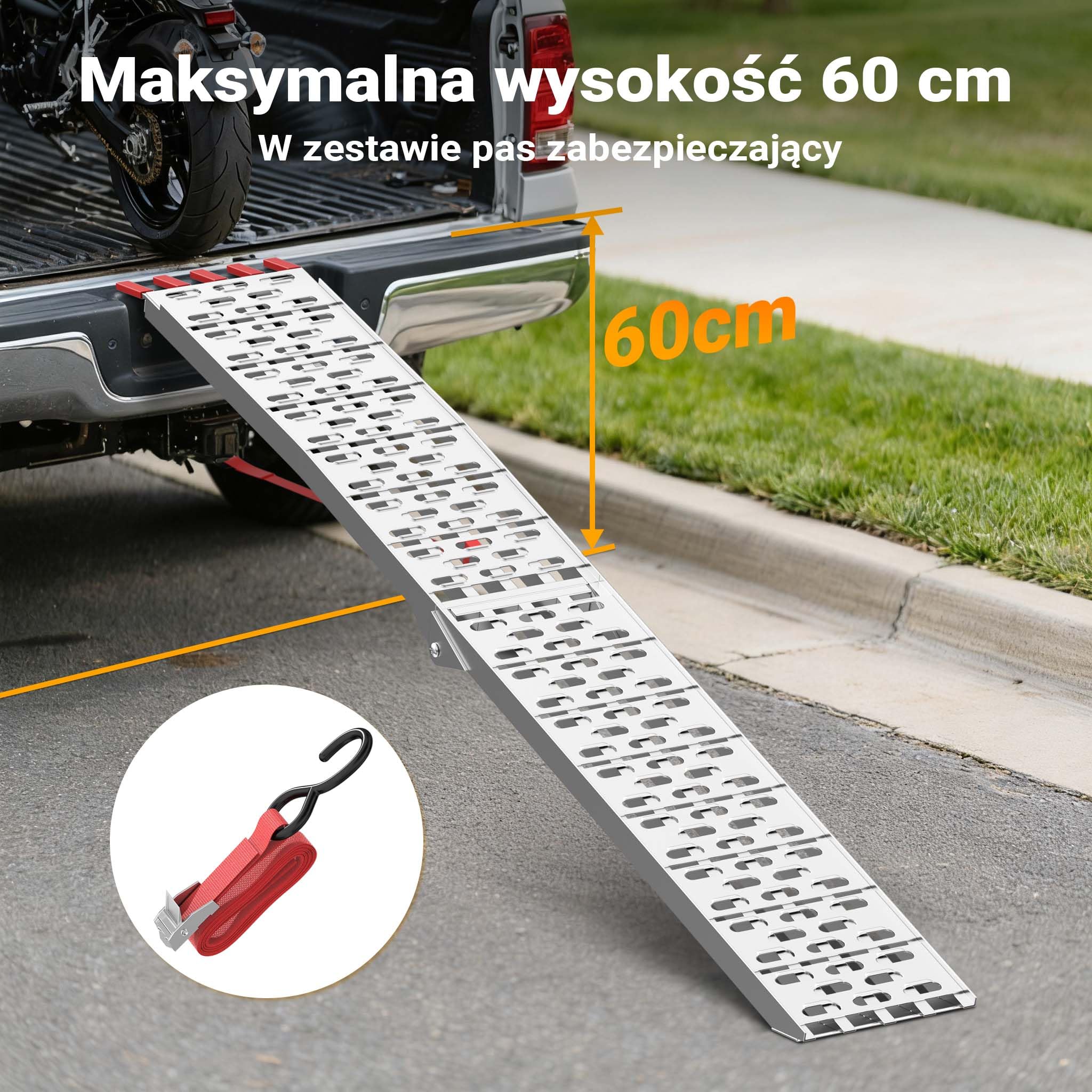 Wiltec Składany najazd aluminiowy o długości 226 cm i udźwigu 410 kg, lekka i łatwa rampa do przechowywania, do załadowania quadów i motocykli
