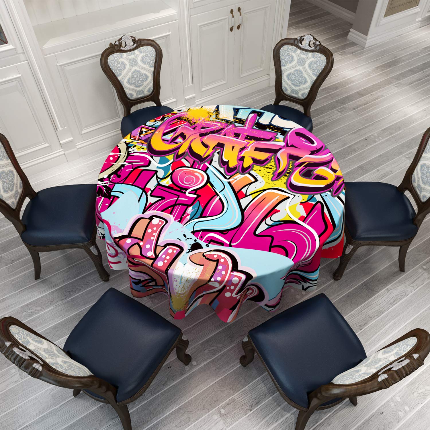 VVA Round Tablecloth - Hip Hop Graffiti Art, New York City Street Culture of Spray Paint Artwork - Round Table Cover for Indoor and Outdoor Events - 60 Inch, Multicolor Pink Red Blue