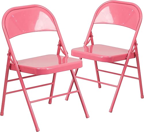 Miniatura 3 de EMMA + OLIVER Paquete de 2 sillas plegables de metal con triple soporte y doble bisagra rosa Bubblegum Pink
