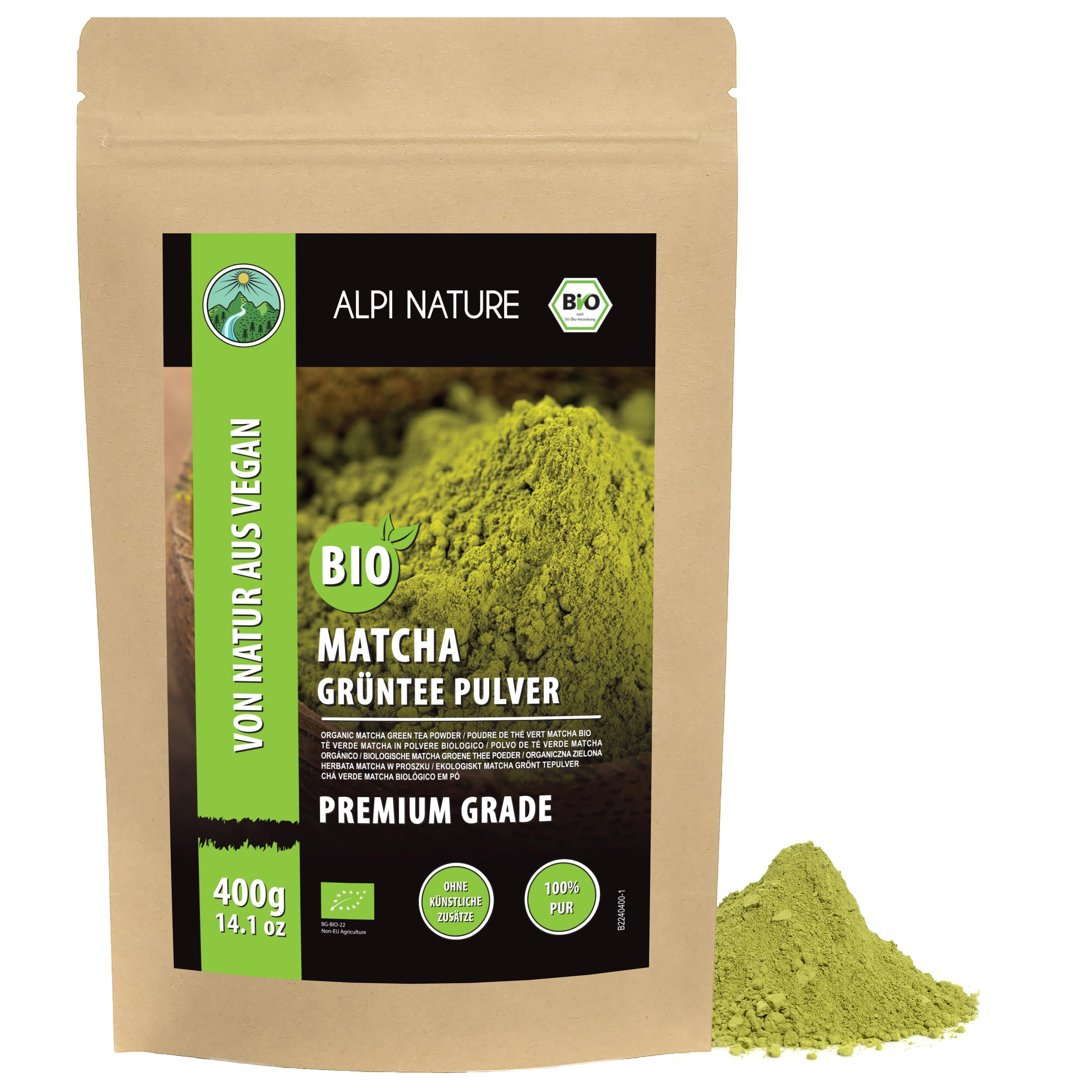 Alpi Nature Matcha Pulver BIO 400g, Grüner Tee Premium Grade, bio Matcha Tee, natürlich koffeinhaltig