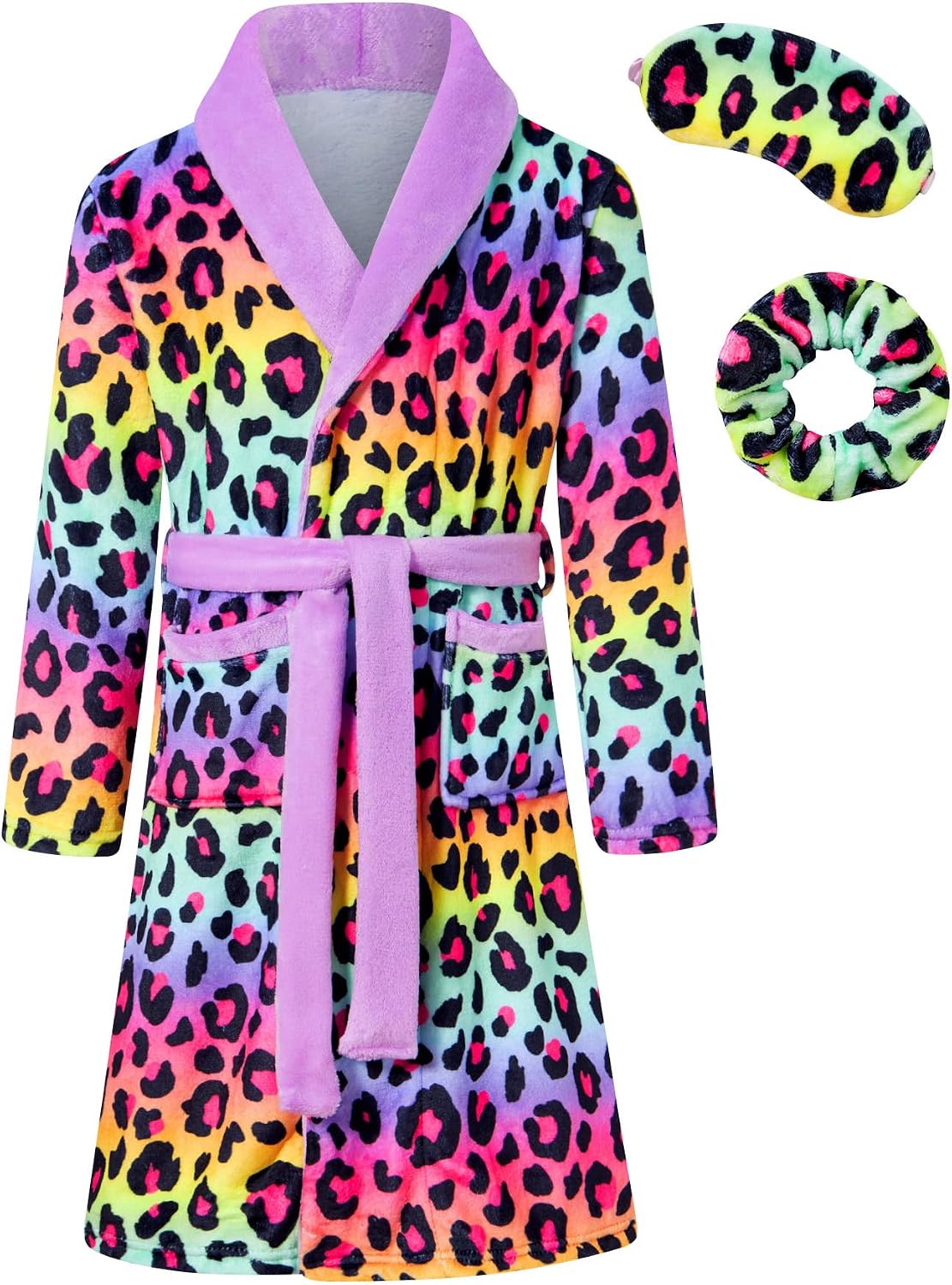 Funnycokid Girls Robe with Matching Sleep Mask Scrunchie for Kids 6-13 Years