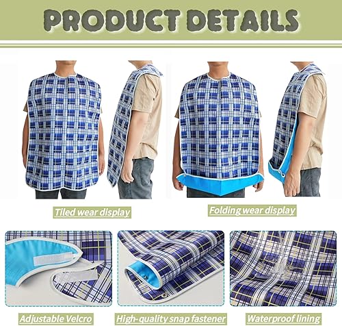Miniatura 4 de Baberos para adultos, 2 unidades, protectores de ropa lavables para personas mayores y discapacitados, baberos impermeables para adultos para