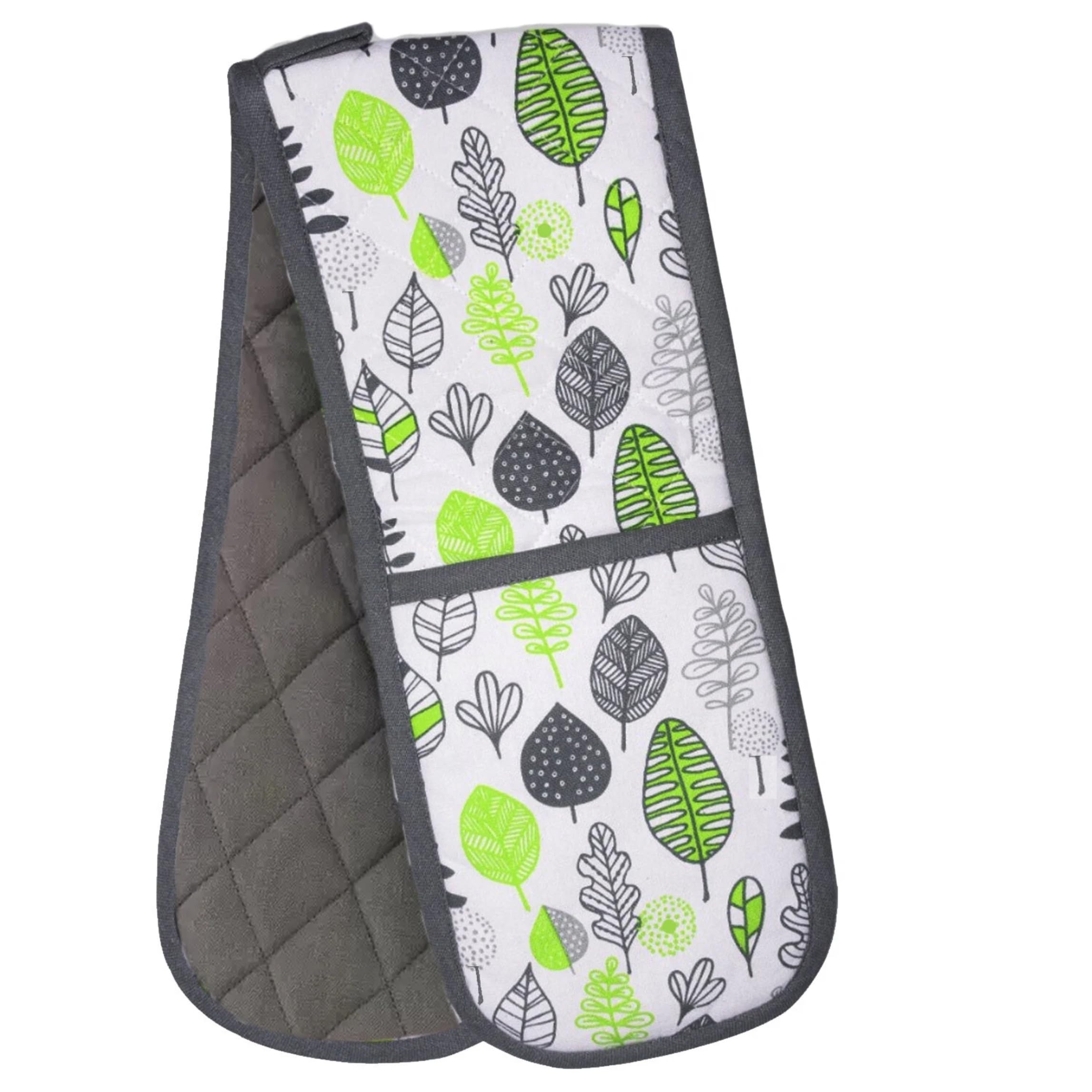 Double Oven Glove – 100% Cotton Quilted Pot Holder – Heat Resistant Baking Mitt (Green/Grey Leaf)