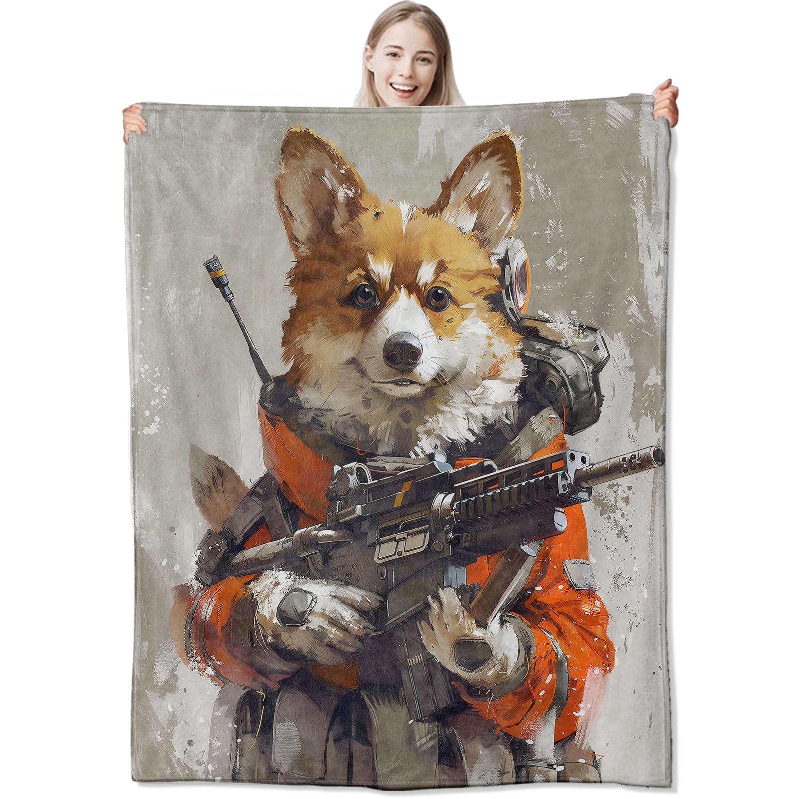 CUEBOS Space Warrior Corgi Flannel Throw Blanket 50x60 Inch, Armed Dog Blankets Soft Cozy Fleece Throws for Gamer Men Puppy Lover Bed Sofa Dorm Living