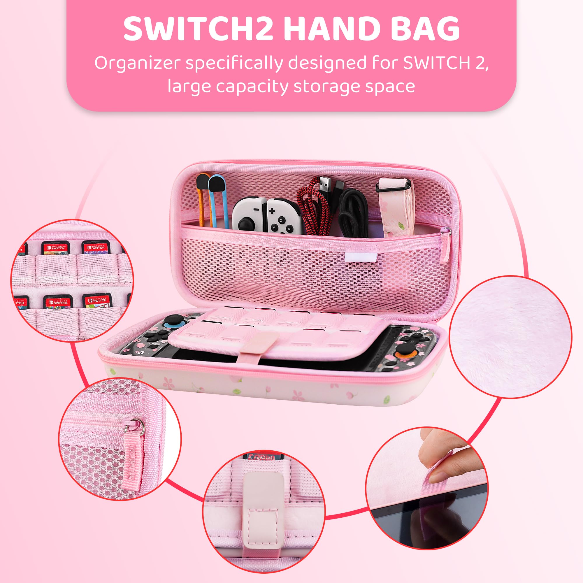 FANPL Custodia da trasporto carina per Nintendo Switch 2, kit di accessori per interruttore rosa con custodia rigida da viaggio con motivo floreale, cover Sakura glitterata, cinturino regolabile