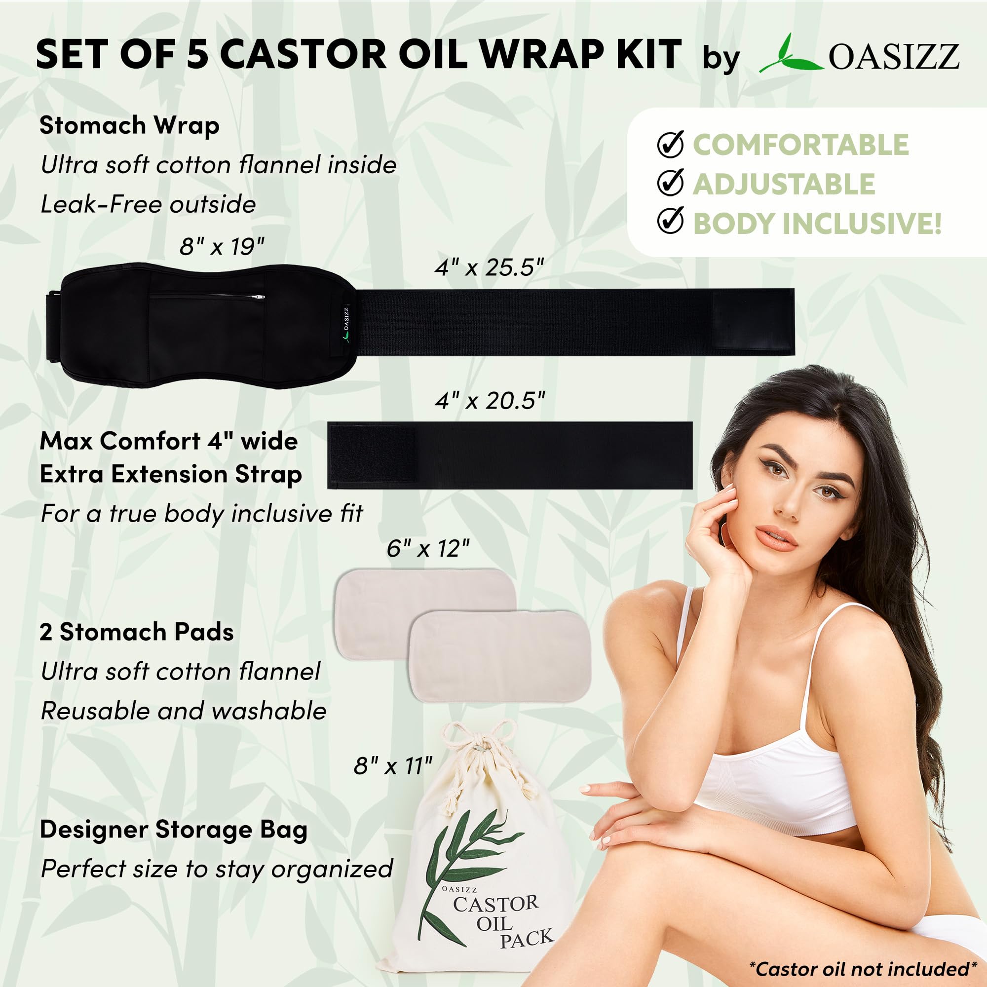 5-Pack Ultra-Soft Cotton Flannel Castor Oil Stomach Wrap, Premium Comfort, Leak-Resistant & Adjustable Fit, Reusable, Mess-Free Detox & Relaxation Kit with Extra Pads & Storage Bag - Unique Design
