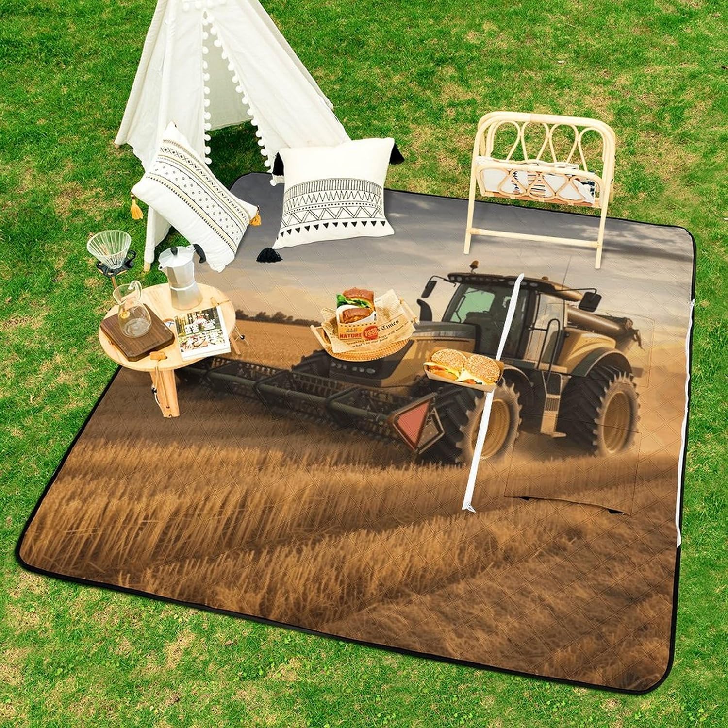 Farm Tractor Harvest Picnic Blanket with Zipper Water Resistant Sand Free Picnic Mat Washable Foldable Easy Carry Beach Blanket for Lawn Beach Hiking Camping