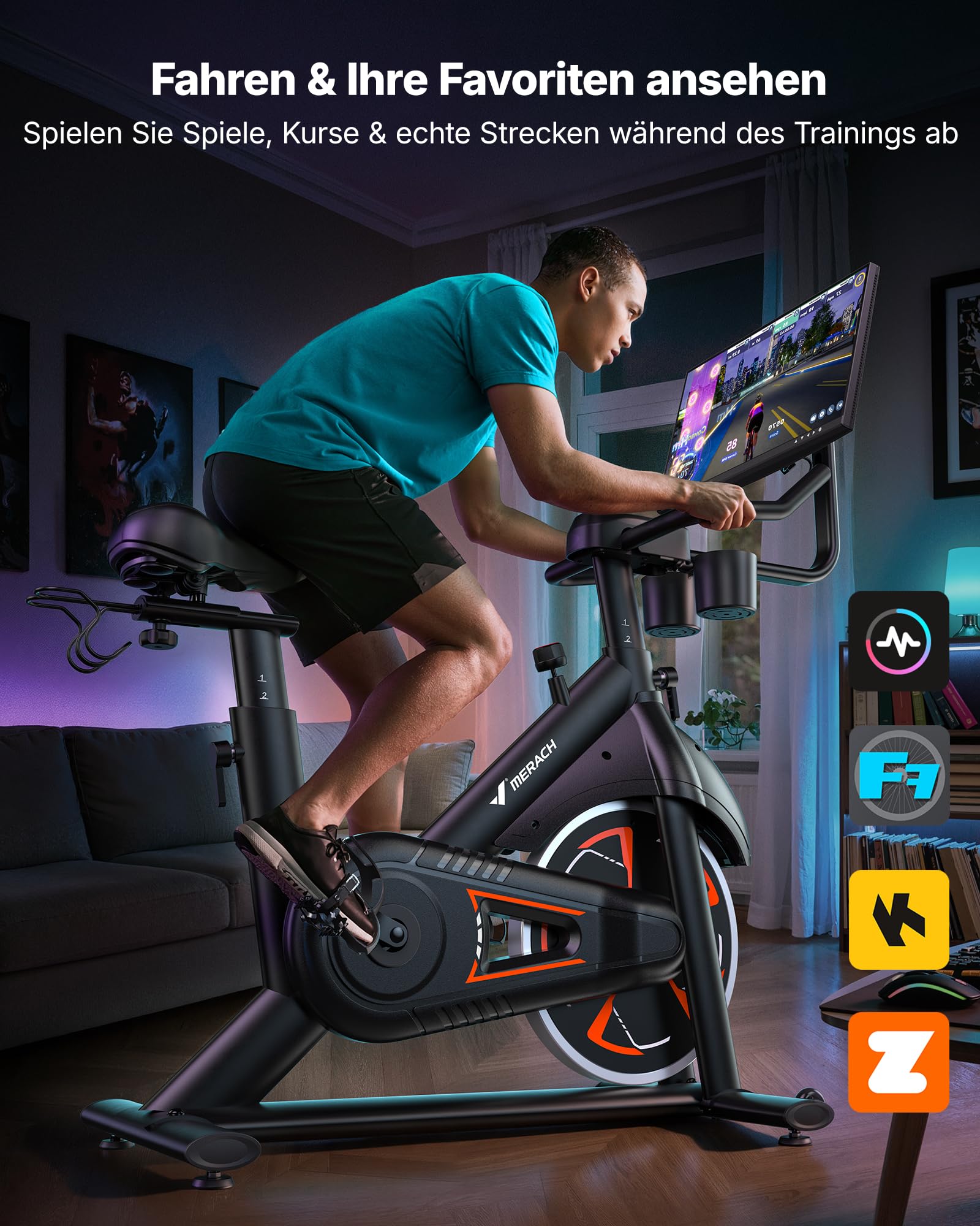 MERACH Heimtrainer Fahrrad mit 21,5" Drehbarem FHD-Bildschirm, Leises Hometrainer Fahrrad mit Automatischer Widerstand, Verstärkter H-Rahmen, Stoßdämpfender Luftkissensattel, Eigene App, Bis 150KG
