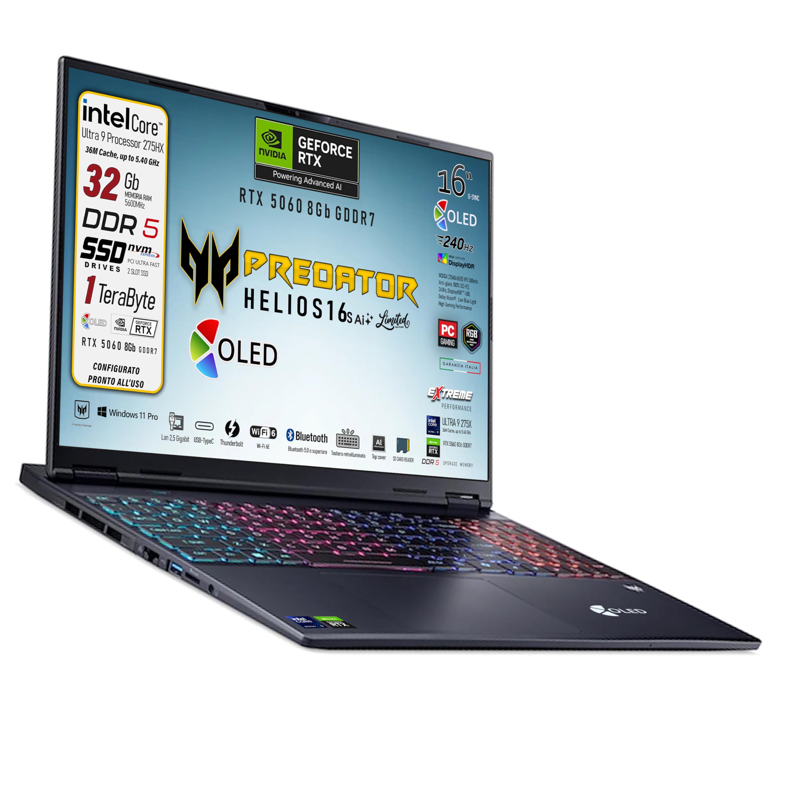 Acer Predator Helios Neo 16s Ai Ultraslim Oled 240Hz Limited Edition | Intel Ultra 9-275HX 24core, RAM DDR5 32GB, SSD 1TB, 16" DCI-P3 100%, GeForce RTX 5060 8Gb, thunderbolt, Ready To Use
