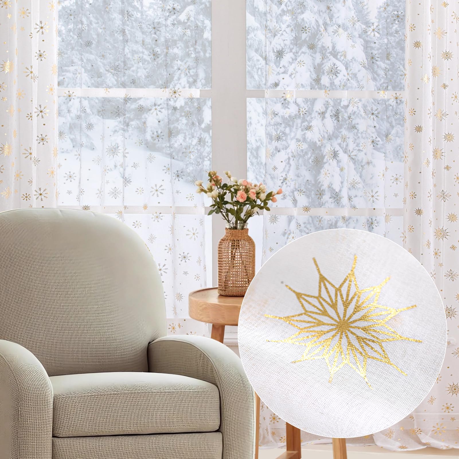 Lot de 2 Rideaux de Noël, Rideaux Voilage Blanc Transparents | 140x260cm Rideaux Décorations Festives pour Salon, Chambre, Fenêtres