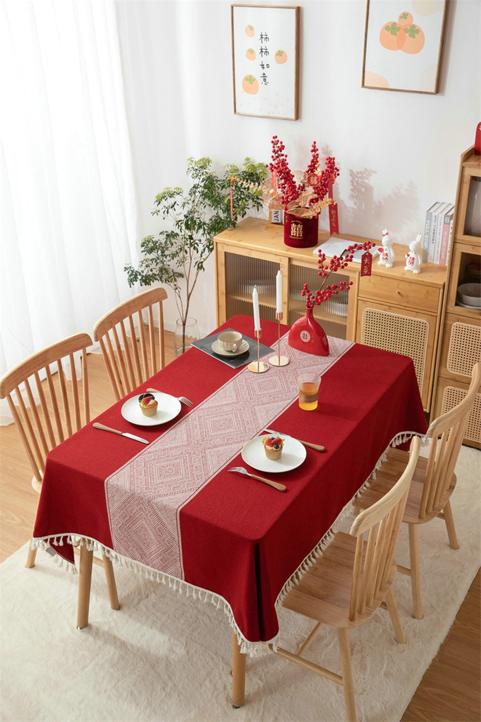 Dunkel Rot Tischdecken Rechteckig 140x300 Polyester Tischdecke Unterlage rutschfest Geometrischer Jacquard Mit Quasten Dauerhaft für Wohnzimmer