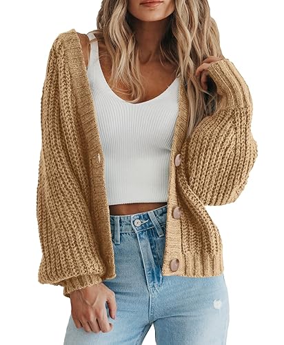 BTFBM Cardigan for Women Open Front Button Down Chunky Knit Oversized Sweater Fall Fashion 2025 V Neck Long Sleeve Tops - Khaki - X-Large