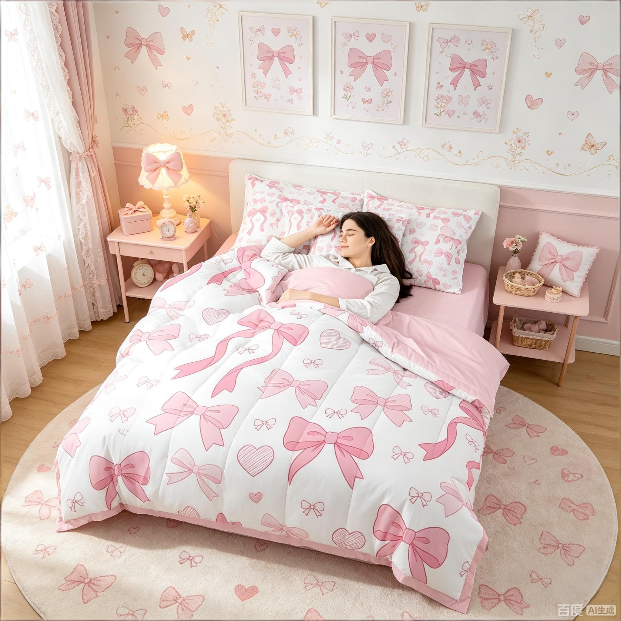 Homemissing Rosa Coquette Bow Lenzuola con arredamento letto camera da letto, carino Bowknot Letto Trapuntato bambini Bow Piumino Letto con lenzuola 7 pezzi 135x200cm Kawaii principessa microfibra