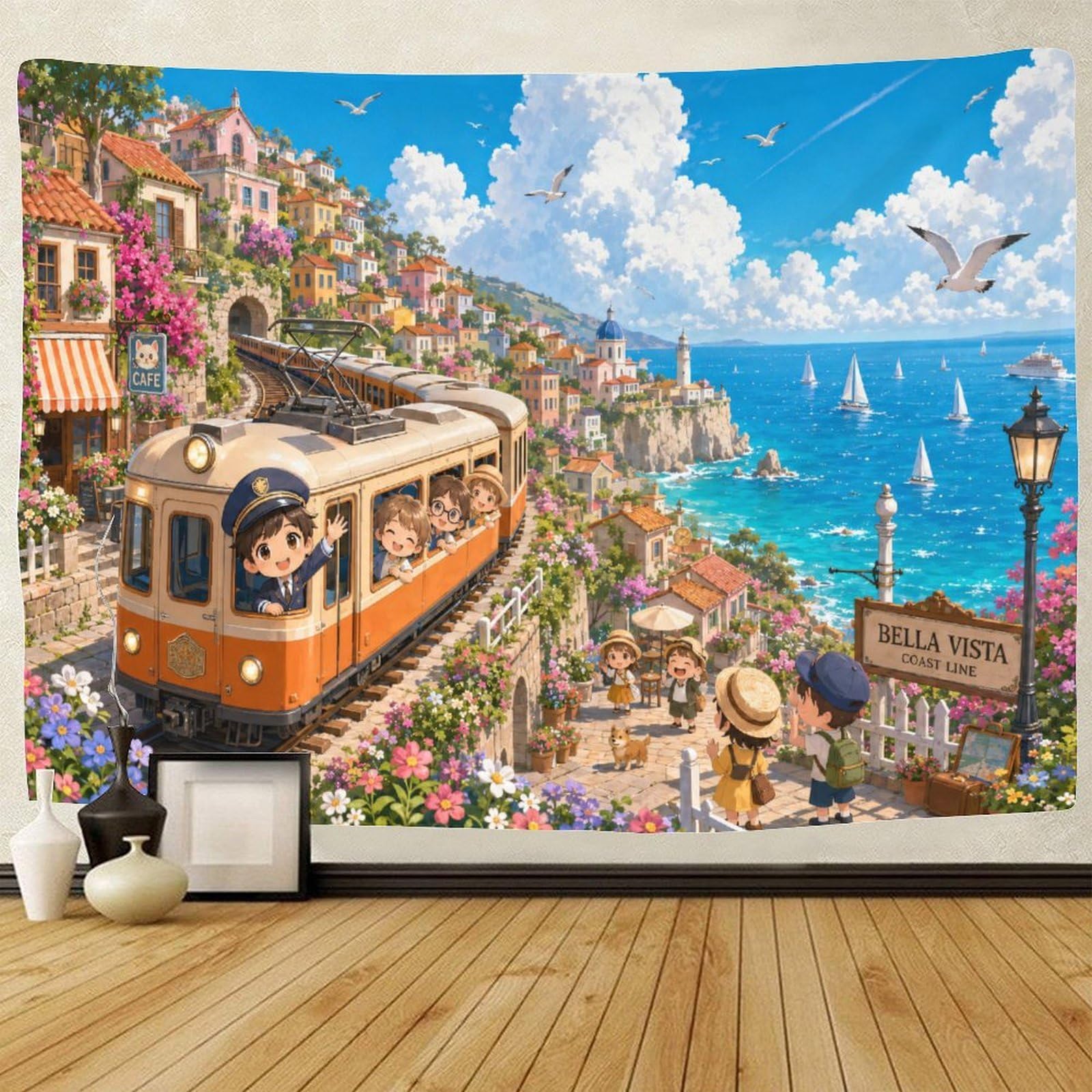 GPMNBCXZK Chibi Amalfi Coast Train 3D Print Tapestry Wall Hanging Decor Wall Art Decor Tapestries Poster Home Decoration Bedroom Living Room 150cmx200cm