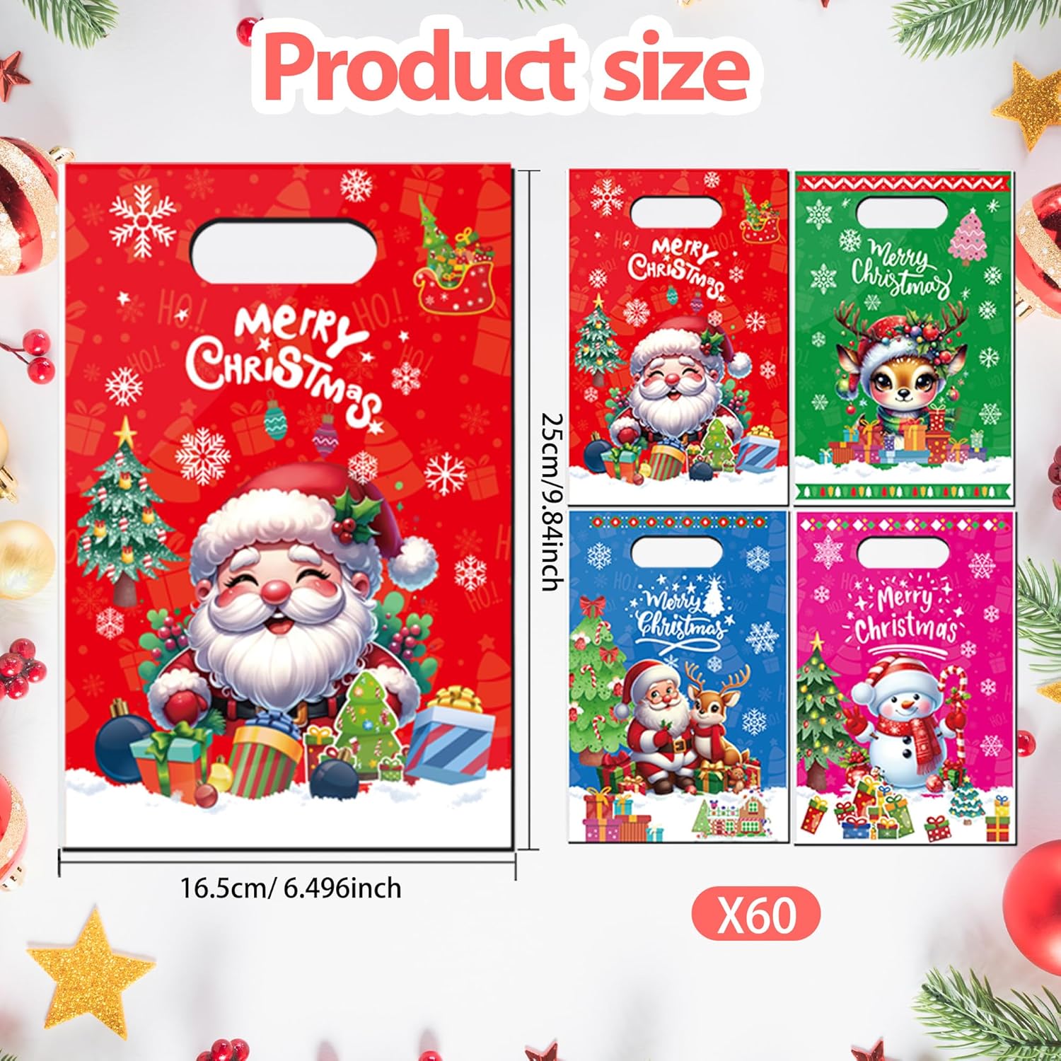 CUUSNNY 60 Pcs Christmas Plastic Gift Bags,Merry Christmas Goodie Bags Santa Claus Snowman Treat Candy Bag Bulk Party Favor Bag for Xmas Holiday Party Supplies 6.5 × 9.8 In - Image 3