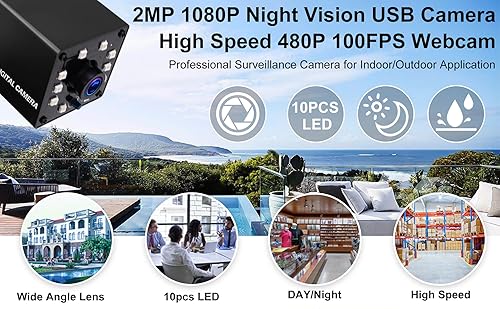 Miniatura 9 de ELP Cámara USB de 100 fps de visión nocturna infrarroja FHD 1080P cámara web ancha Anagle de 0.142 in lente auto IR cámara web de 2 MP cámara
