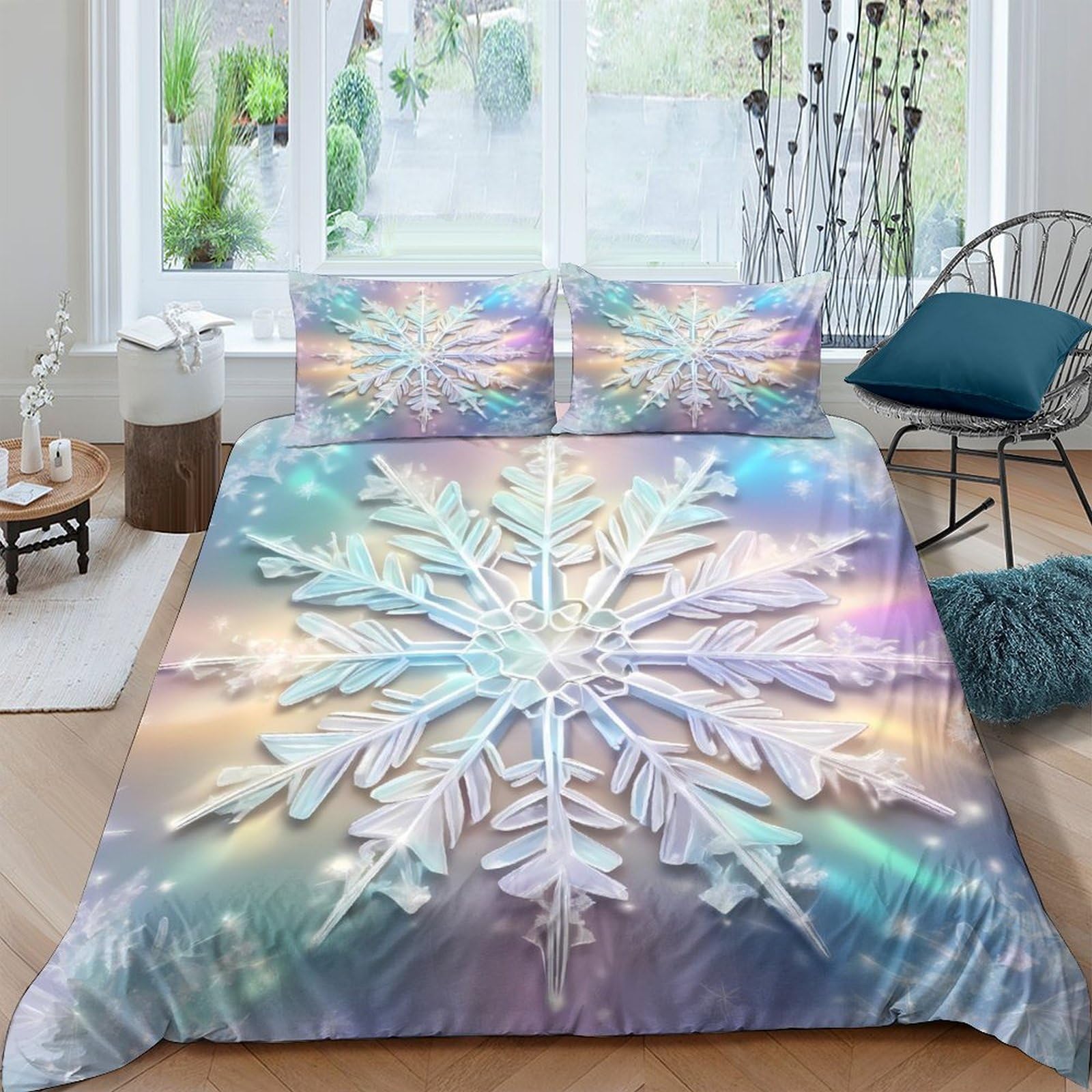 Ctjqhvkz Style-9 3D Printed Iridescent Snowflake Fitted Sheet Microfiber Soft Pastel Winter Fantasy Bed Cover For Bedroom Home Decor Single（135X200cm）