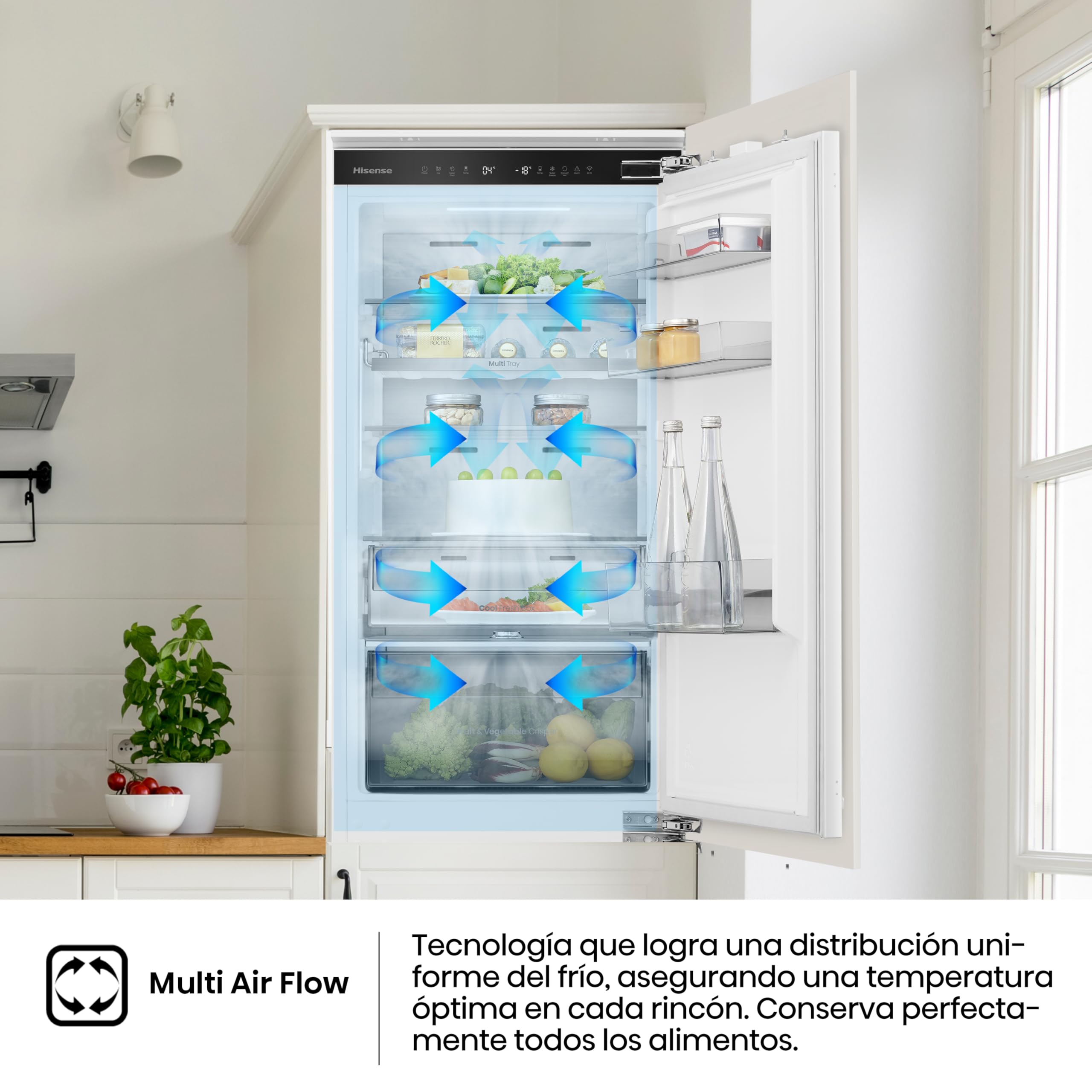 Hisense RB3B250SAWE - Frigoríficos Integrable, Combi, 252L, Class E, Ancho 54cm x Alto 178cm, Cajón Frutas Y Verduras Control De Humedad, Multi Air Flow, Dual Tech Cooling, Motor Inverter