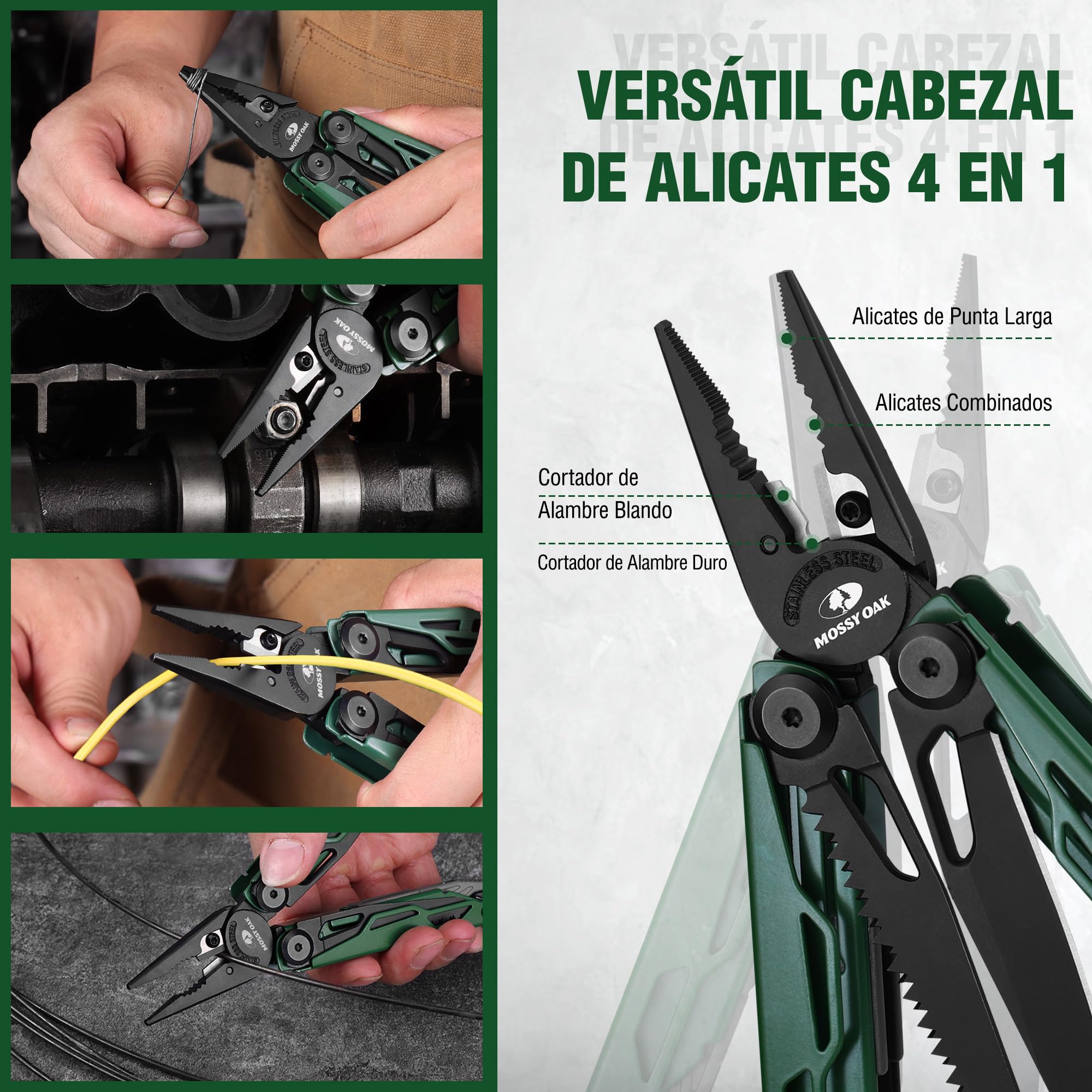 MOSSY OAK Pinza Multifunción de Acero Inoxidable 27 en 1, Herramienta Multifuncional Compacta y Resistente, Multitool de Bolsillo para Camping, Supervivencia, Bricolaje y Actividades al Aire Libre