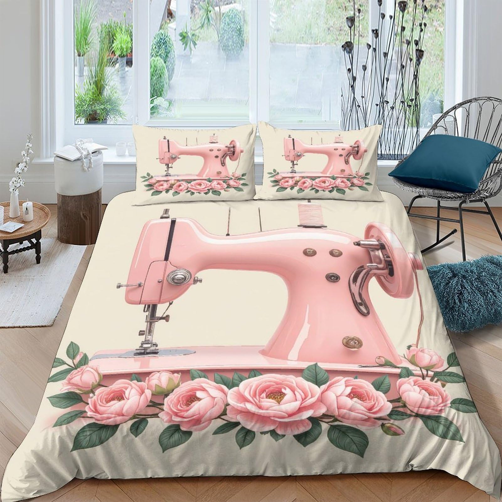 Ctjqhvkz Style-5 3D Printed Pink Sewing Machine Fitted Sheet Microfiber Rose Floral Bed Cover For Bedroom Guest Room Decor Easy Care Single（135X200cm）