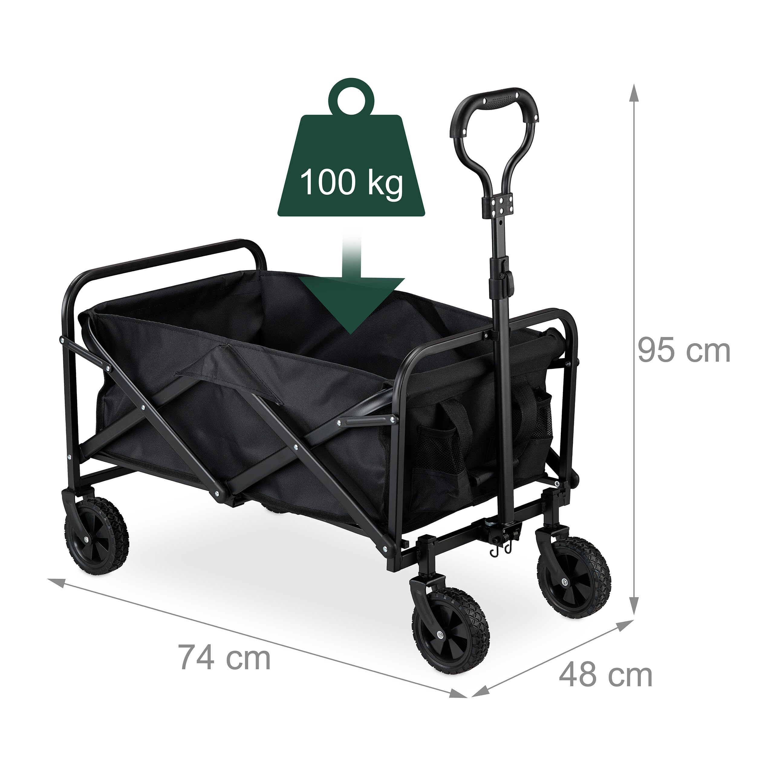 Relaxdays Carretilla Jardín, Plegable, 100 kg, Mango Telescópico, Ruedas Goma, Carro para Comprar, Camping, Playa, Negro