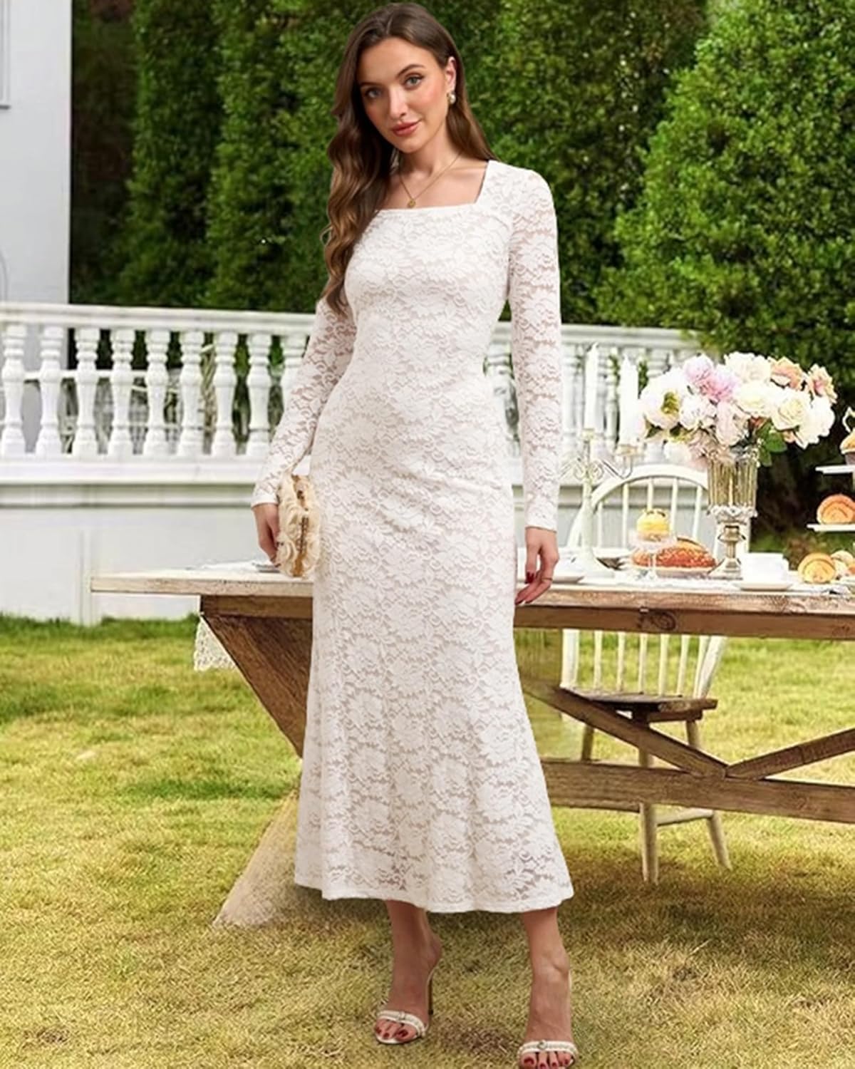 Women Lace Dress Long Sleeve Floral Maxi Dresses Romantic Bodycon Elegant Wedding Dress - Image 3
