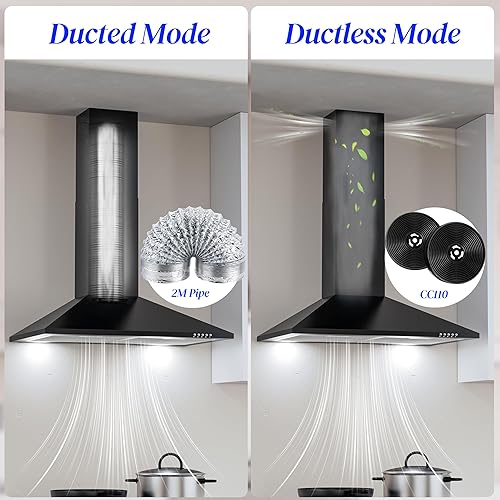 Miniatura 4 de FIREGAS Campana extractora negra de 30 pulgadas, campana extractora de montaje en pared con luces LED, ventilador de escape de 3 velocidades, Negro