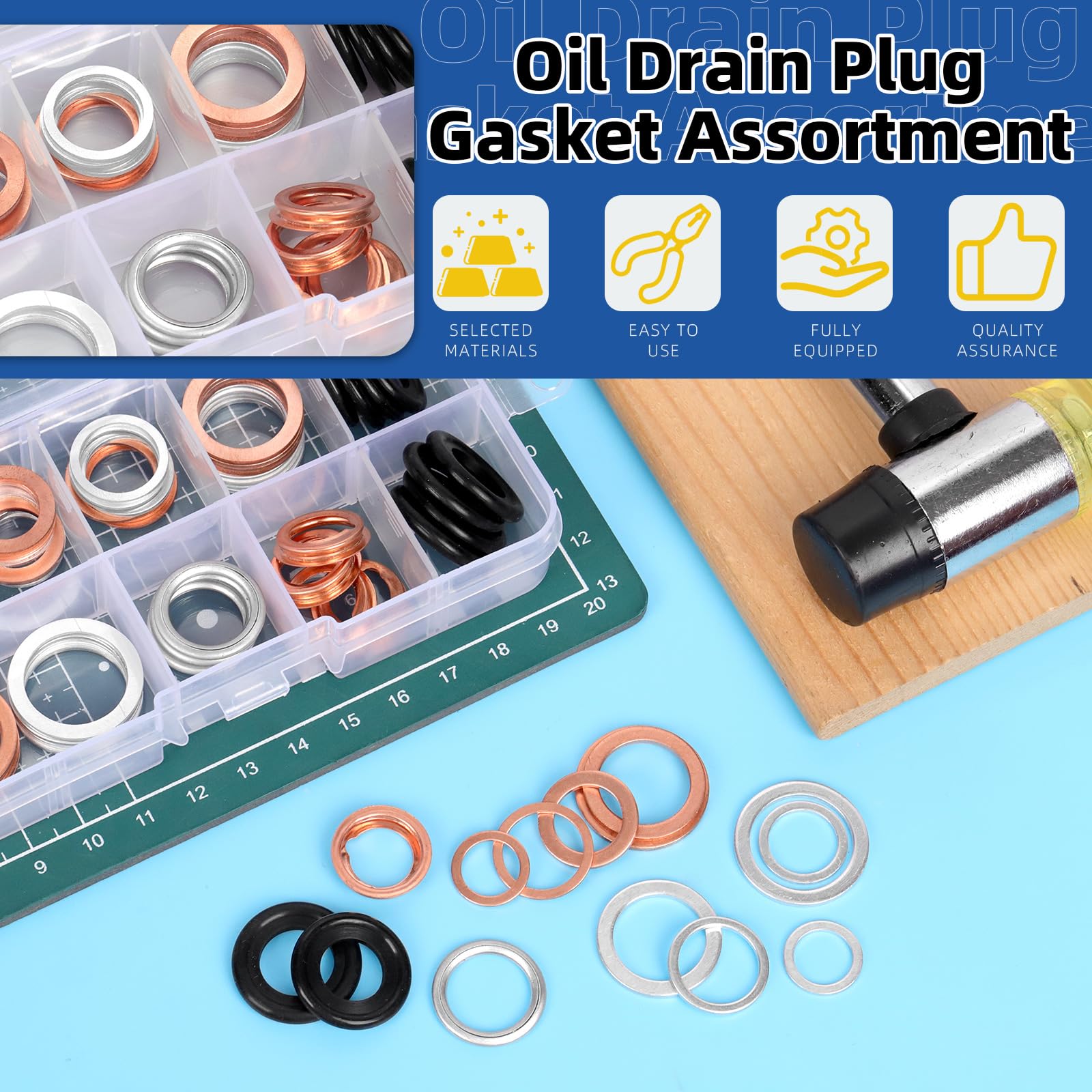 Glarks Kit di Guarnizioni per Tappo di Scarico dell'Olio Automobilistico - 80 Pezzi, 11 Misure (M10-M18) - Alluminio, Rame, Gomma - Rondella di Scarico