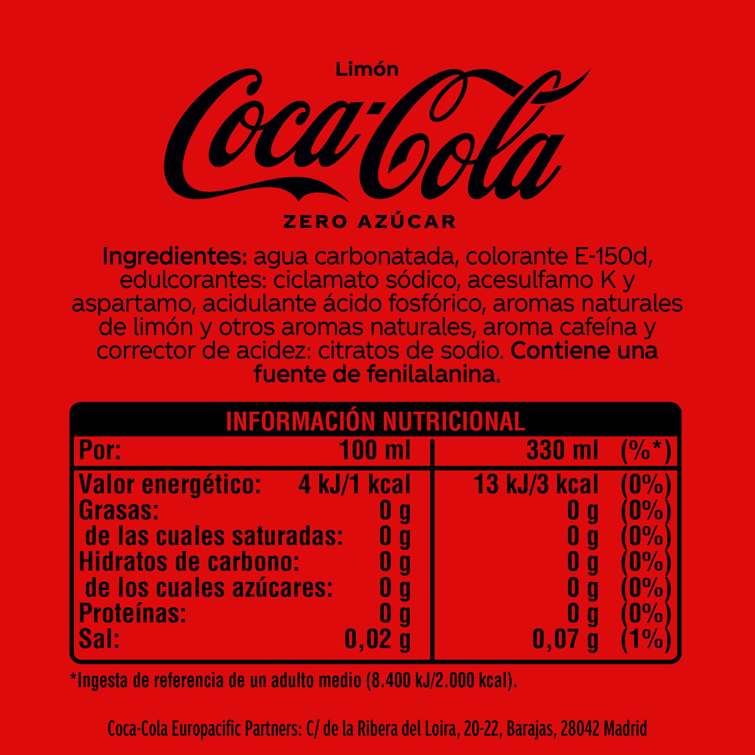 Coca-Cola Zero, Refresco de Cola sin Azúcar sabor Limón - Pack 24 latas de 330 ml