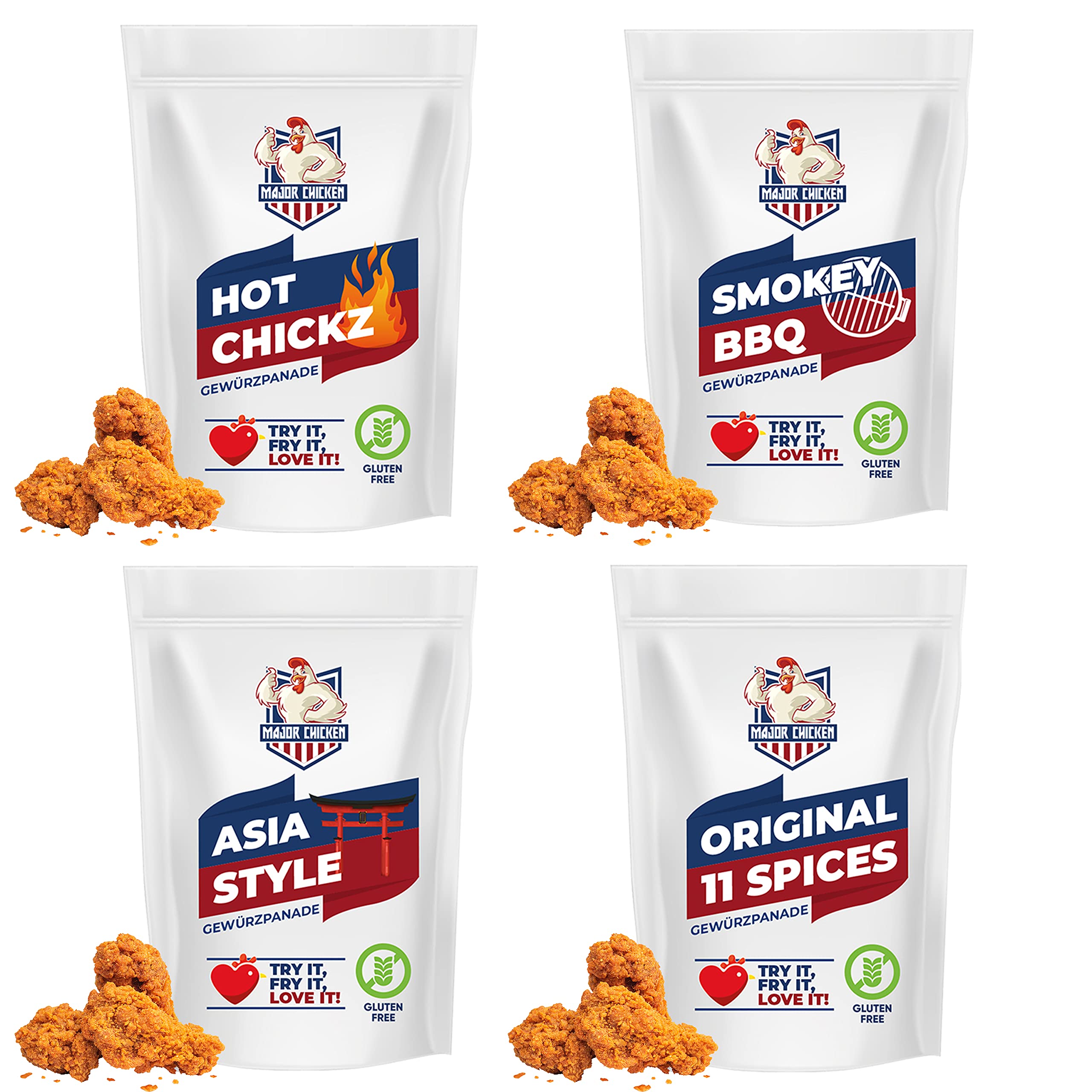 Major-Chicken 4er Probier Mix Set - Chicken Gewürzpanade / Hähnchen Marinade 500g in 4 Geschmäckern - Original, Spicy, Smokey & Asia - Paniermischung für Chicken Wings, Hot Wings uvm