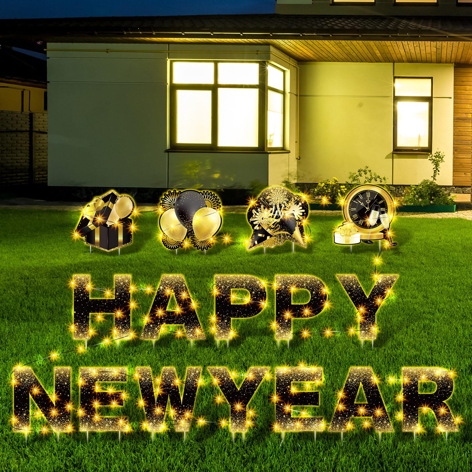 Memorywuu16 Pieces 13'' Happy New Year Yard Signs with Stakes and 2 Solar String Light New Year Lawn Sign Outdoor Decorations Yard Supplies for Home Garden Party, Black and Gold