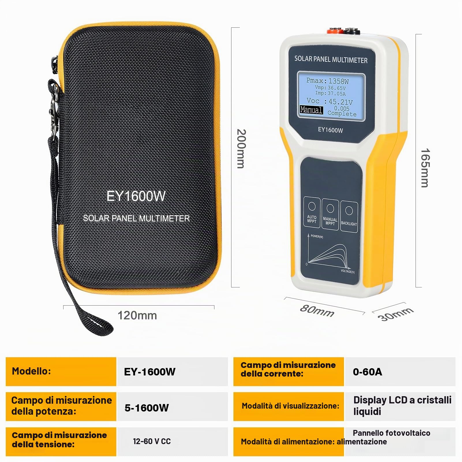 Jadeshay Multimetro per Pannelli Solari Fotovoltaici,1600W Multimetro per Pannello Solare Fotovoltaico LCD Tester del Punto di Massima Potenza Tester MPPT di Tensione e Corrente