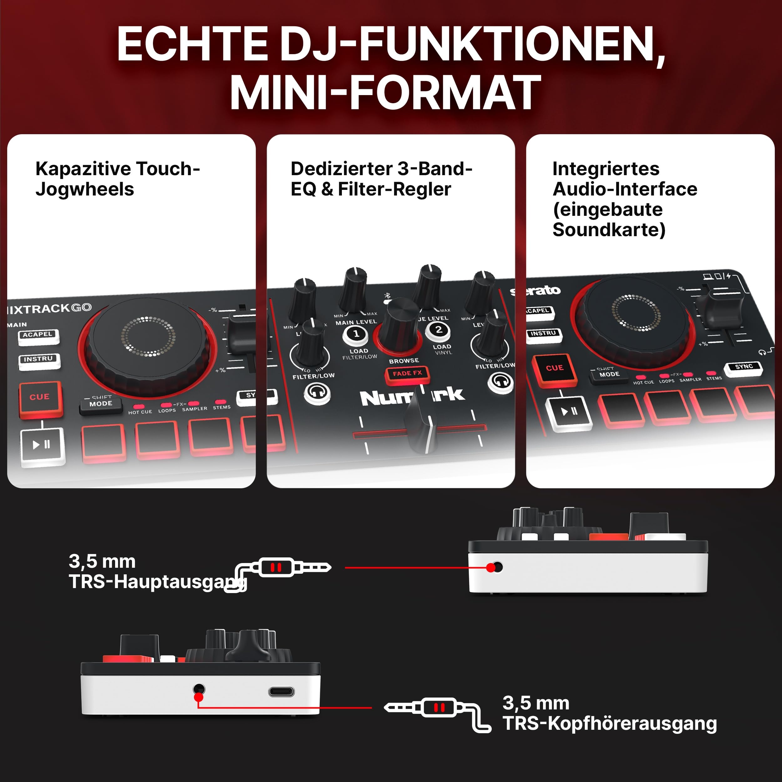 Numark Mixtrack Go Kompakter Bluetooth-DJ-Controller mit Stems-Control | 2-Deck-DJ-Mixer, für Anfänger & mobile DJs, Smart Fader, USB-C, Serato DJ Lite & Algoriddim djay, Gen 4