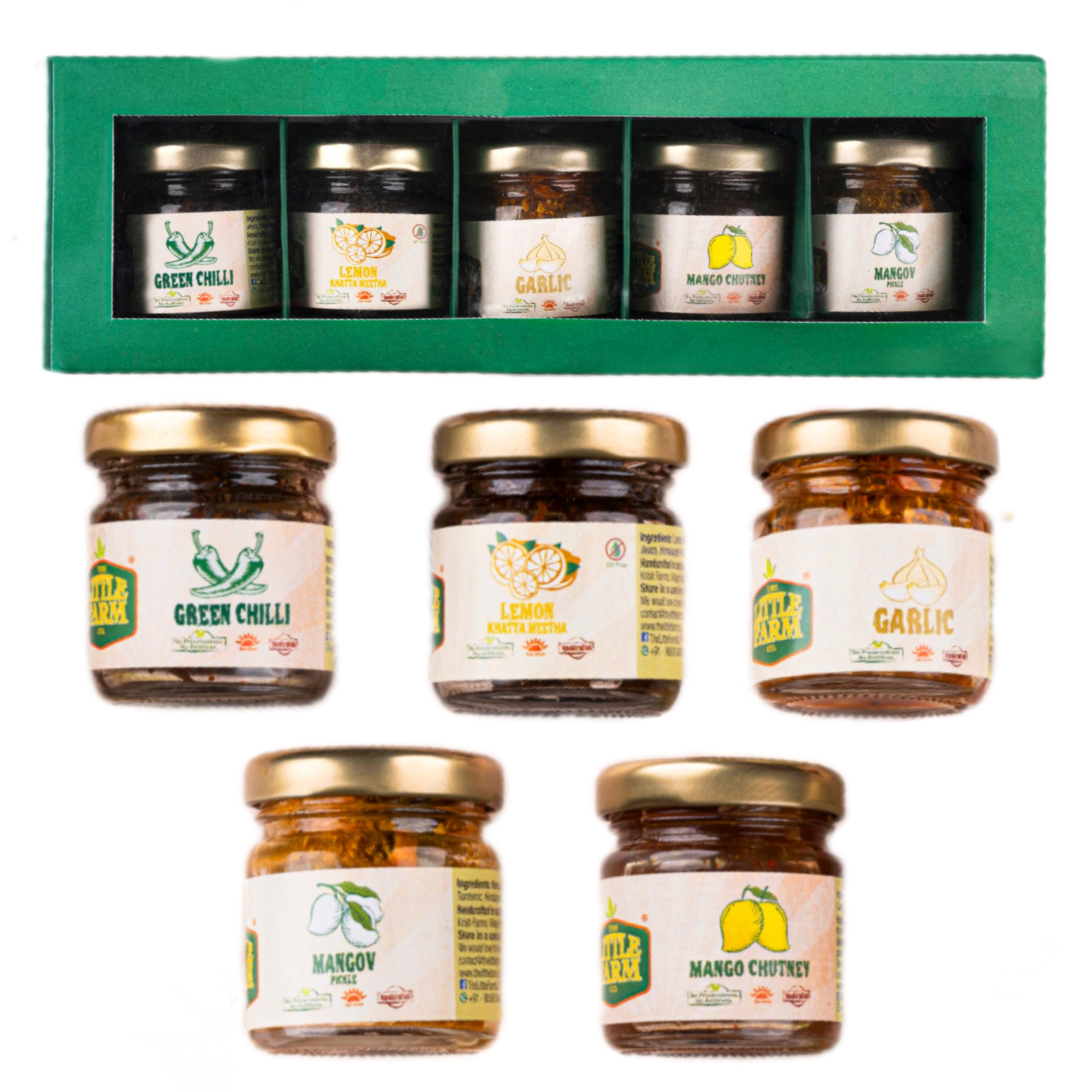 THE LITTLE FARM CO Pickle Sampler Box - Taster box of 5 achaars | Less Oil Mustard Base Homemade Pickles | No Added Preservatives, No Artificial Flavours | Traditional Recipe