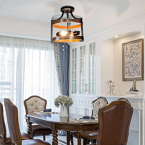 Miniatura 5 de Candelabro para comedor  Lámpara de techo semiempotrada de 2 luces de madera moderna  Candelabro de metal negro y acabado de madera marrón para isla