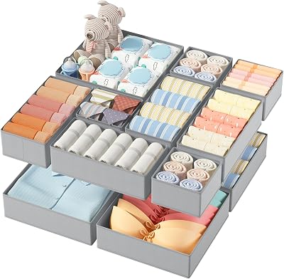 DIMJ Organizador Cajones Juego de 12 Cajas Almacenaje Plegables de Tela Para Guardar Ropa, Organizadores de Cajones No Tejidos, Calcetines, Ropa Interior, Clásico Gris