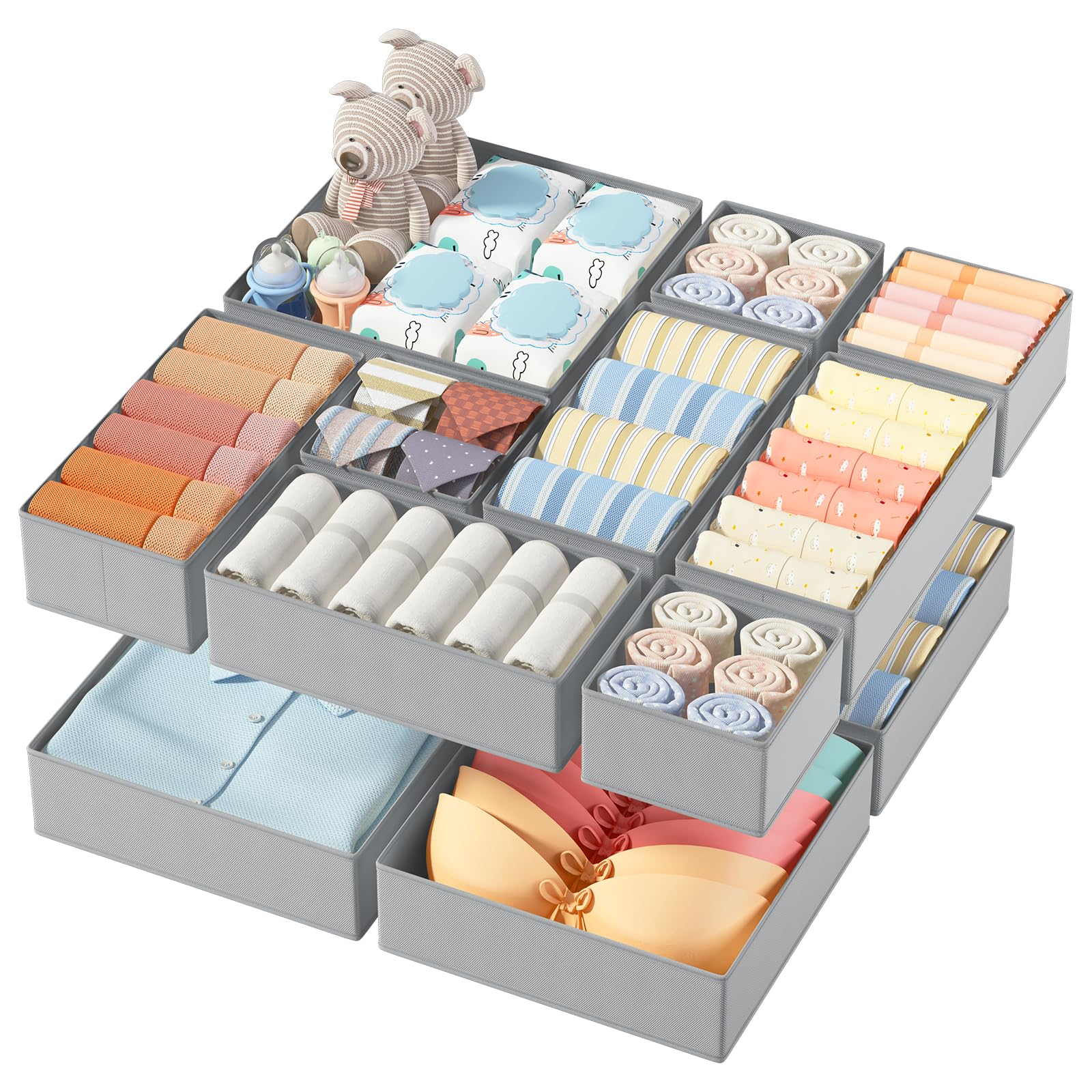 DIMJ 12 Pack Drawer Organisers Foldable Storage Box Fabric Drawer Dividers Wardrobe Storage Organiser Storage Cubes for Bras, Socks, Underwear, Ties, Scarves, CosmeticsGlobal Recycled StandardGlobal Recycled StandardGlobal Recycled Standard
