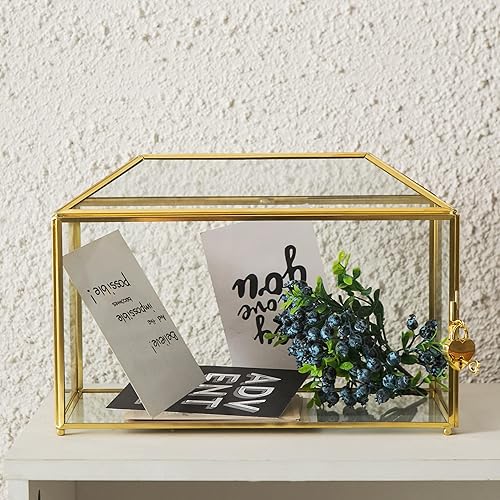 Miniatura 3 de Giadun Caja de Tarjetas de Boda de Cristal con Ranura, Caja de Tarjetas Transparente Grande de 12.6 Pulgadas de Latón Dorado con Cerradura para