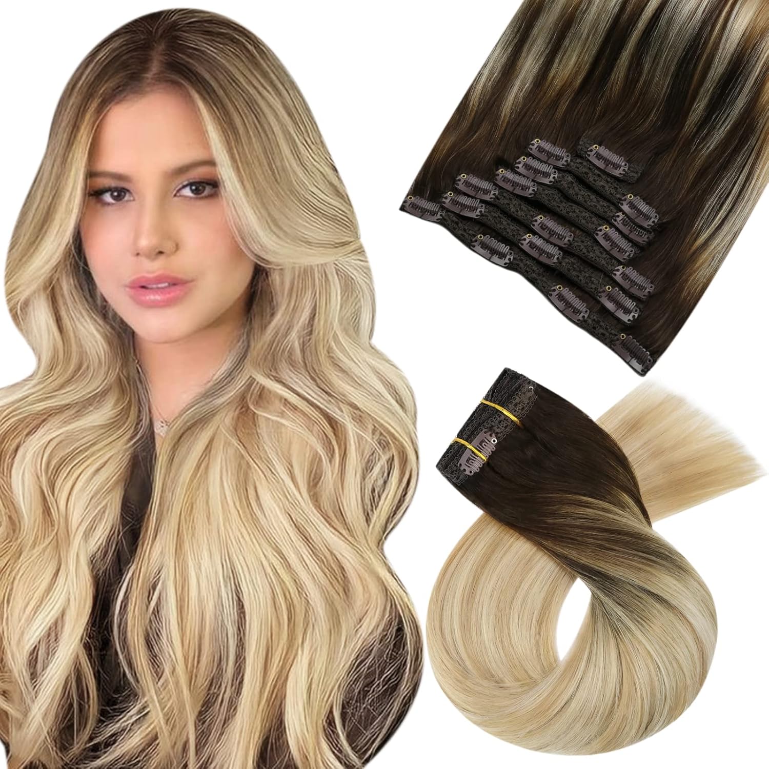 Moresoo Clip in Extensions Human Hair Balayage Brown Hair Extensions Clip in Human Remy Hair 16
