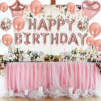 AIBEE 56pcs Party Decorations, Rose Gold Happy Birthday Balloons Banner, Fringe Curtain Foil Tablecloth Heart Star Foil Confetti Balloons
