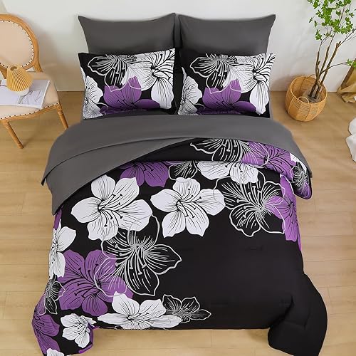 Miniatura 3 de Luxudecor Juego de edredón floral tamaño Queen, 7 piezas de cama en una bolsa, juego de edredón floral morado y sábanas, juegos de cama completos de