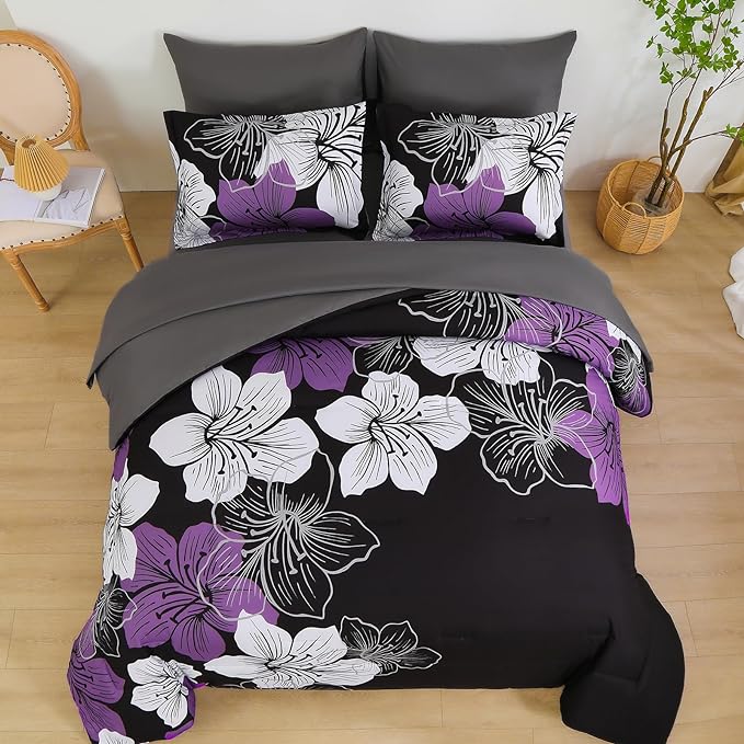 Luxudecor Floral Comforter Set Queen Size, 7 Pieces Bed in a Bag Purple Floral Comforter and Sheet Set