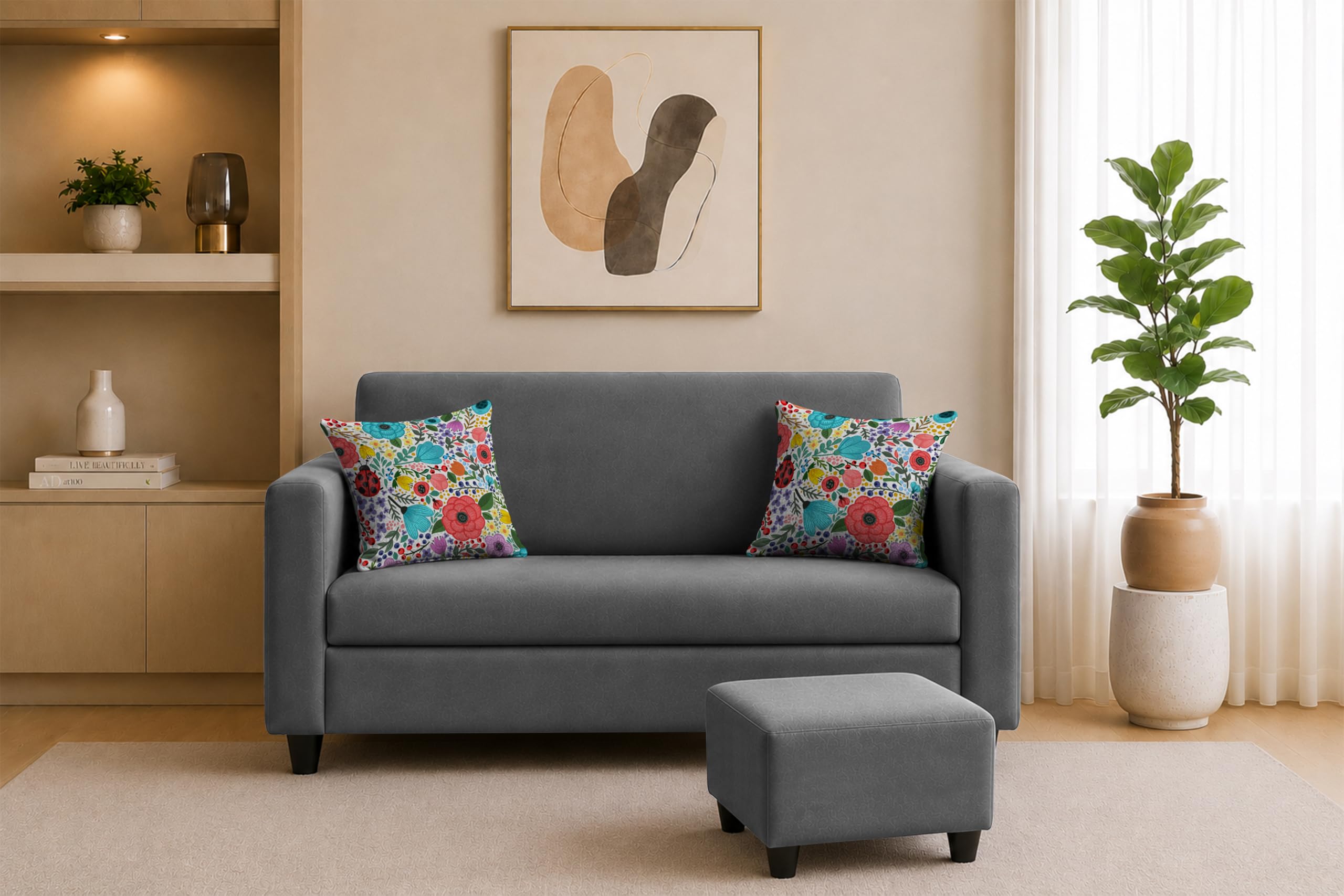 Rosebell 2 Seater Sofa with Ottoman | Living Room Couch | with Printed Cushions | Sofa for Home, Apartment & Office-Grey Color
