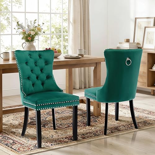 Miniatura 89 de Juego de 6 sillas de comedor de cuero, sillas laterales con respaldo alto, silla lateral tapizada moderna con anillo trasero de botón, patas de negro