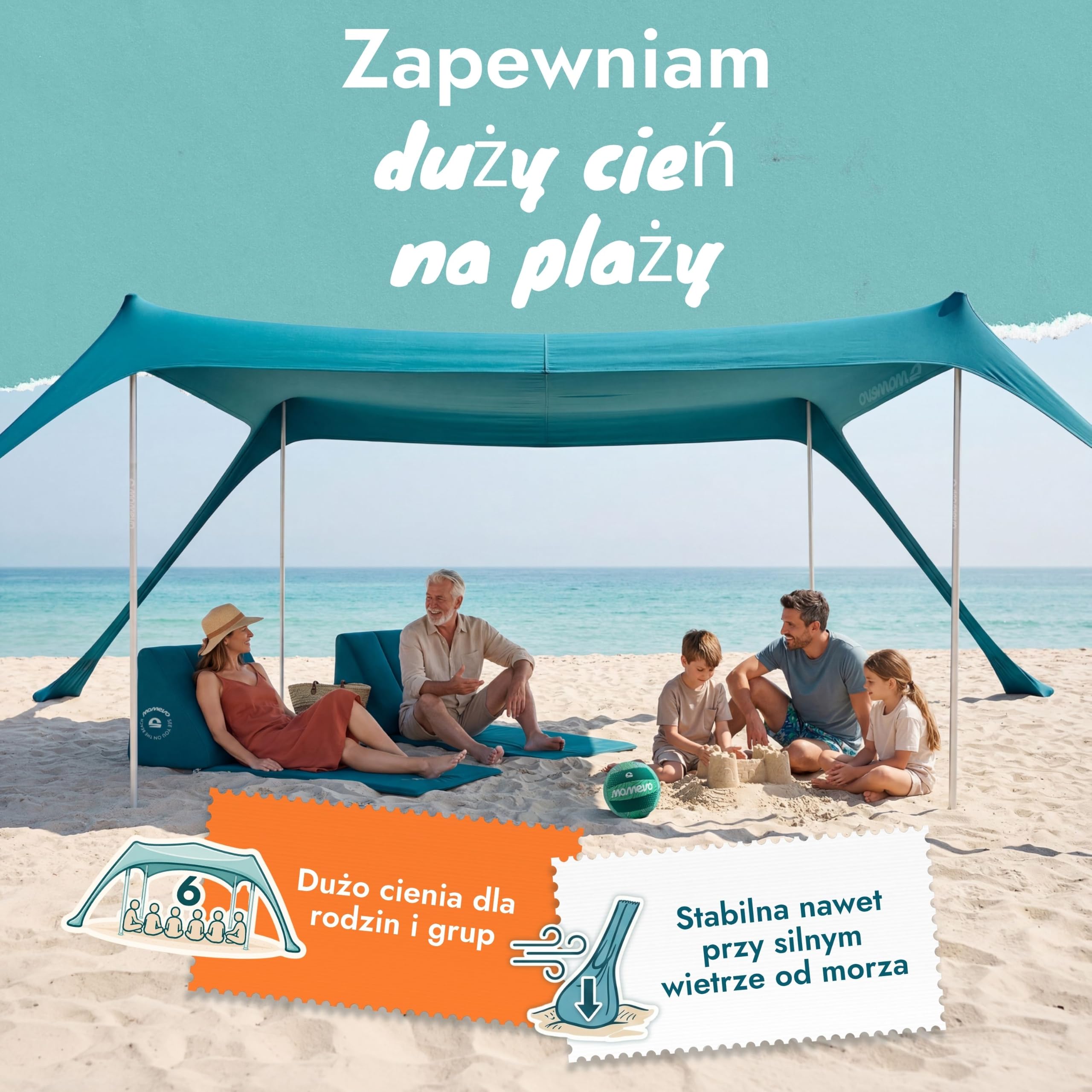 Duży rodzinny namiot plażowy Sunsail - żagiel przeciwsłoneczny z certyfikowaną ochroną UV UPF50+, ochrona przed słońcem dla sześciu osób, z kotwicą piaskową i śledziami (petrol blue)