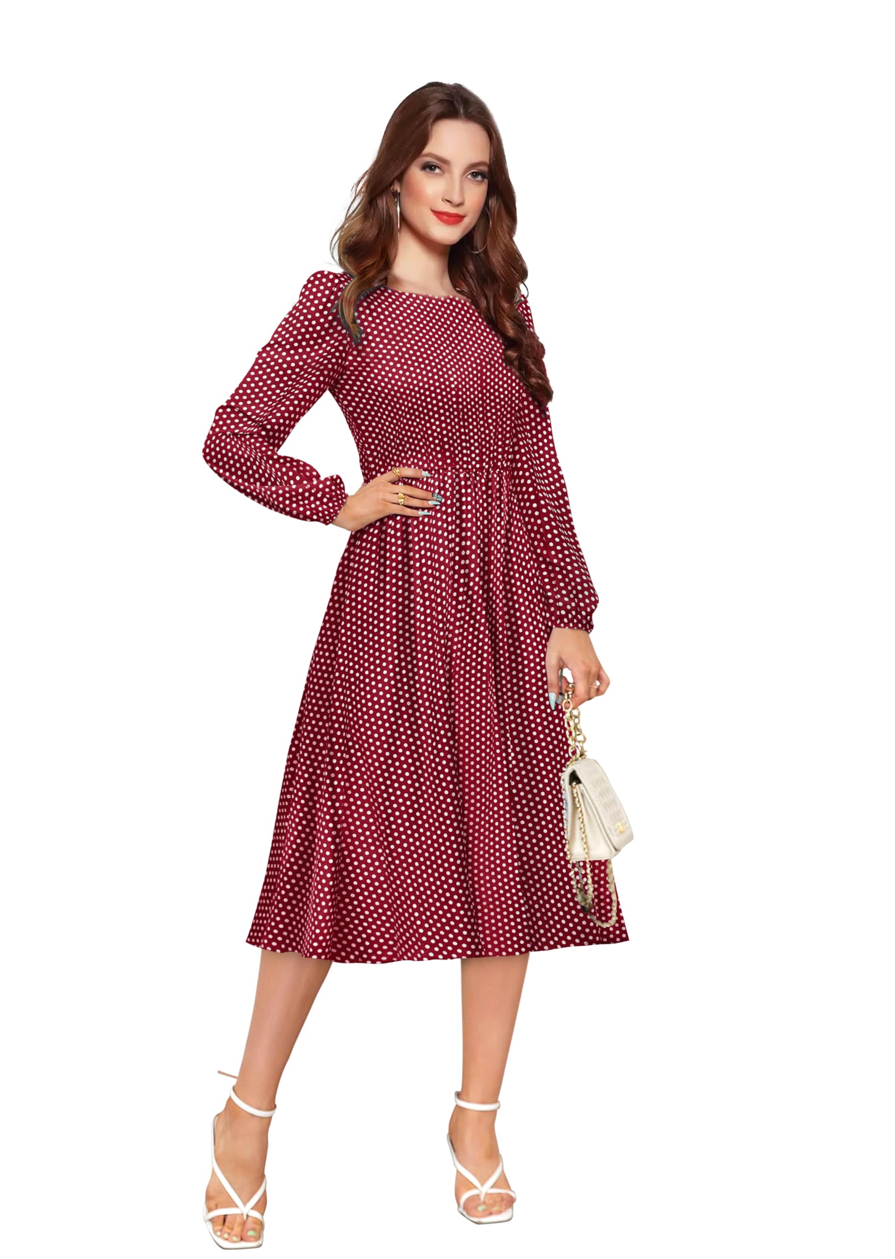 Toochki Women's Maroon Muslin Polka Dot Fit & Flared Western Dress | Dress For Women | A Line Dress | Winter Dress | Western Dress | Latest Women Dress | Trendy Dress | Midi Dress